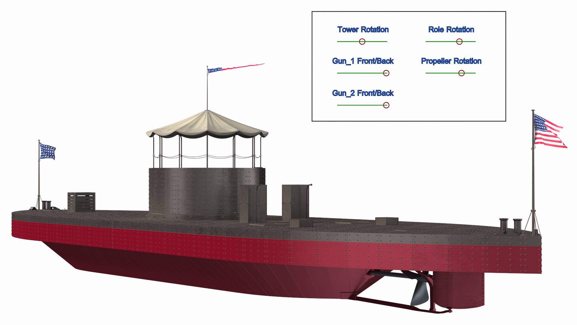 US Civil War Warship with Tower New Rigged 3D
