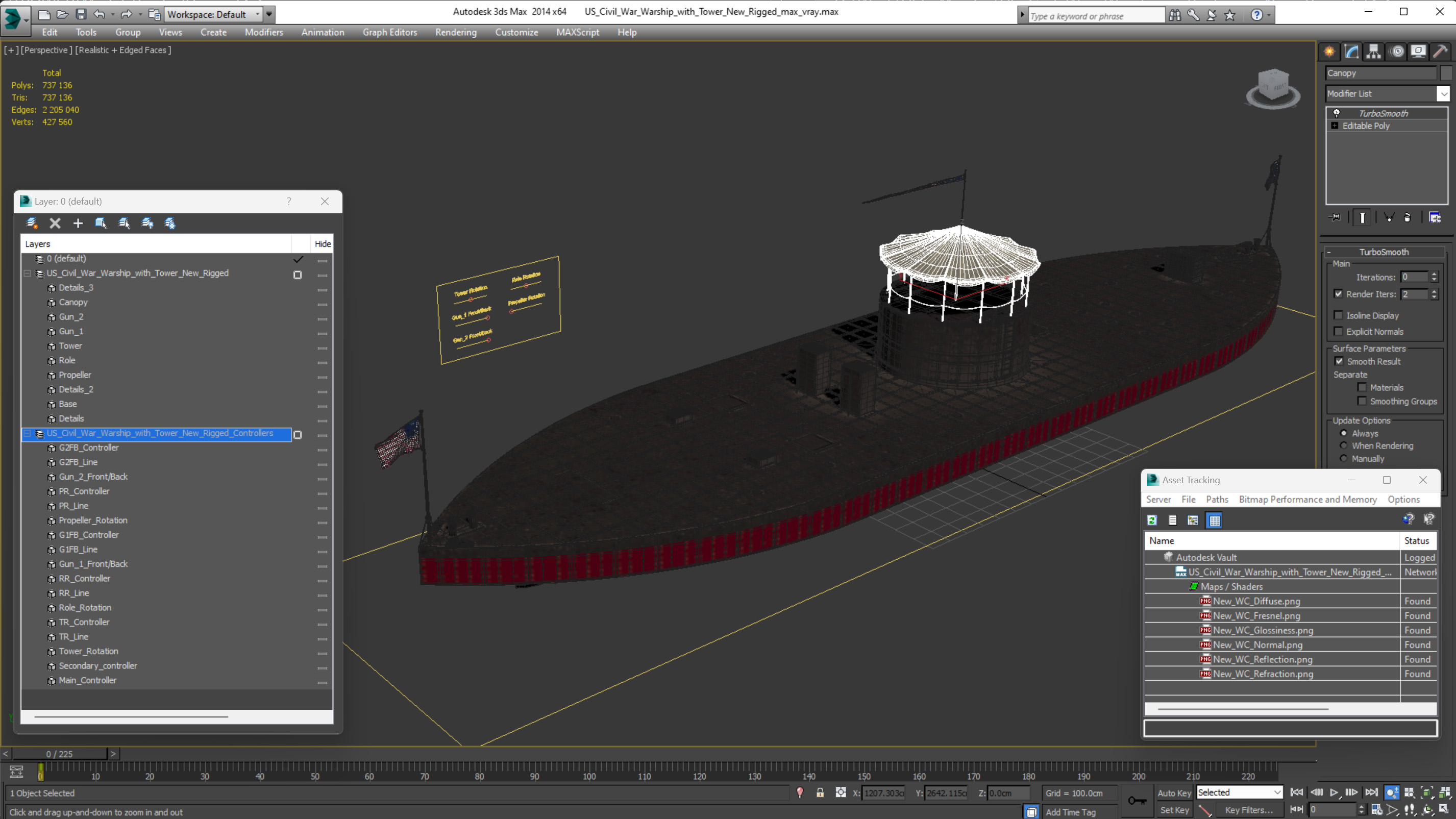 US Civil War Warship with Tower New Rigged 3D