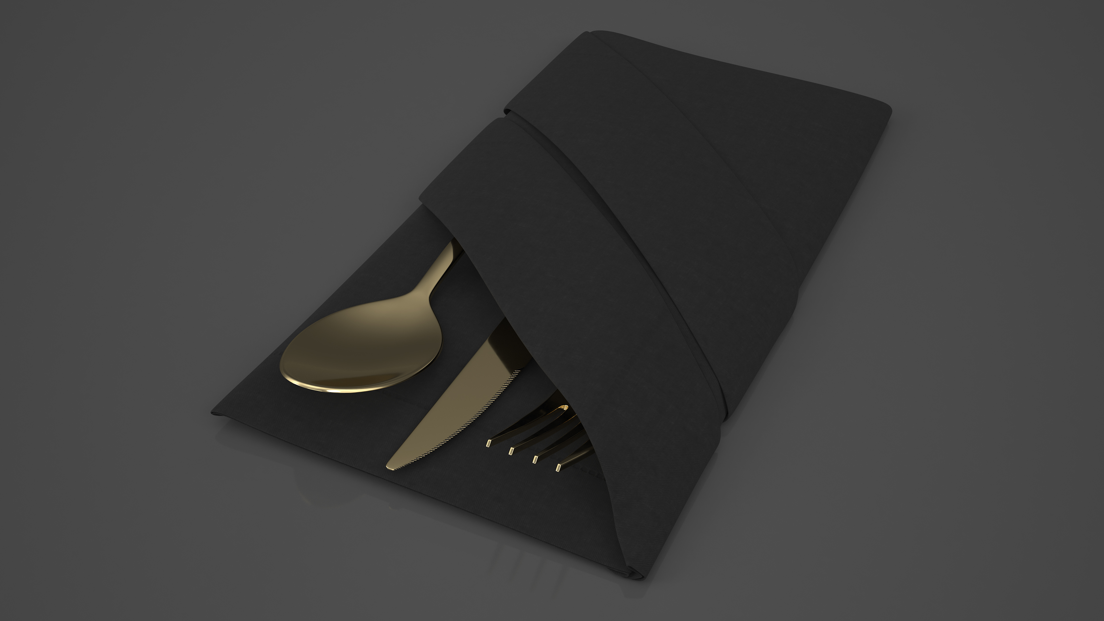3D Napkin Fold Black with Gold Flatware