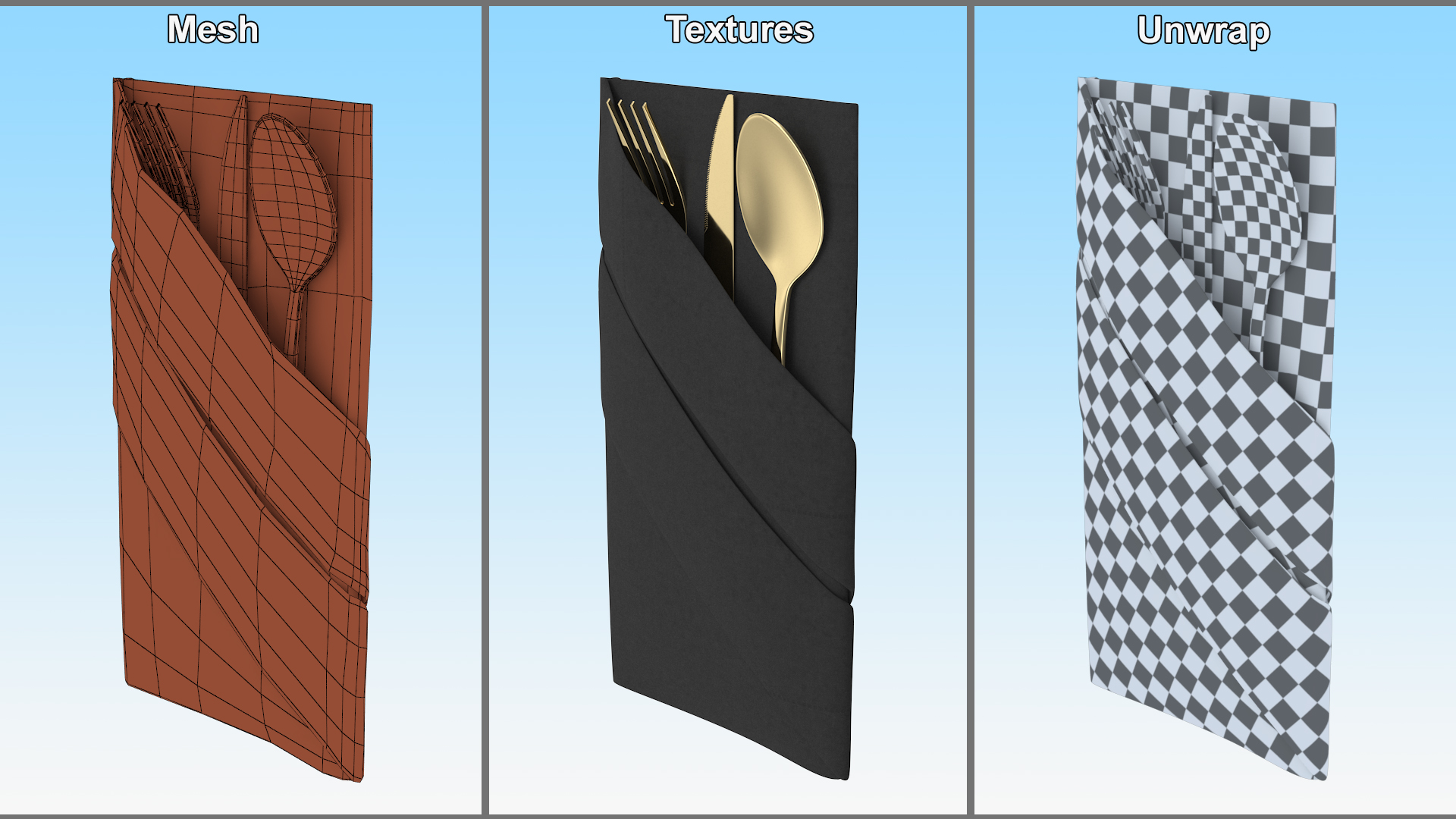 3D Napkin Fold Black with Gold Flatware