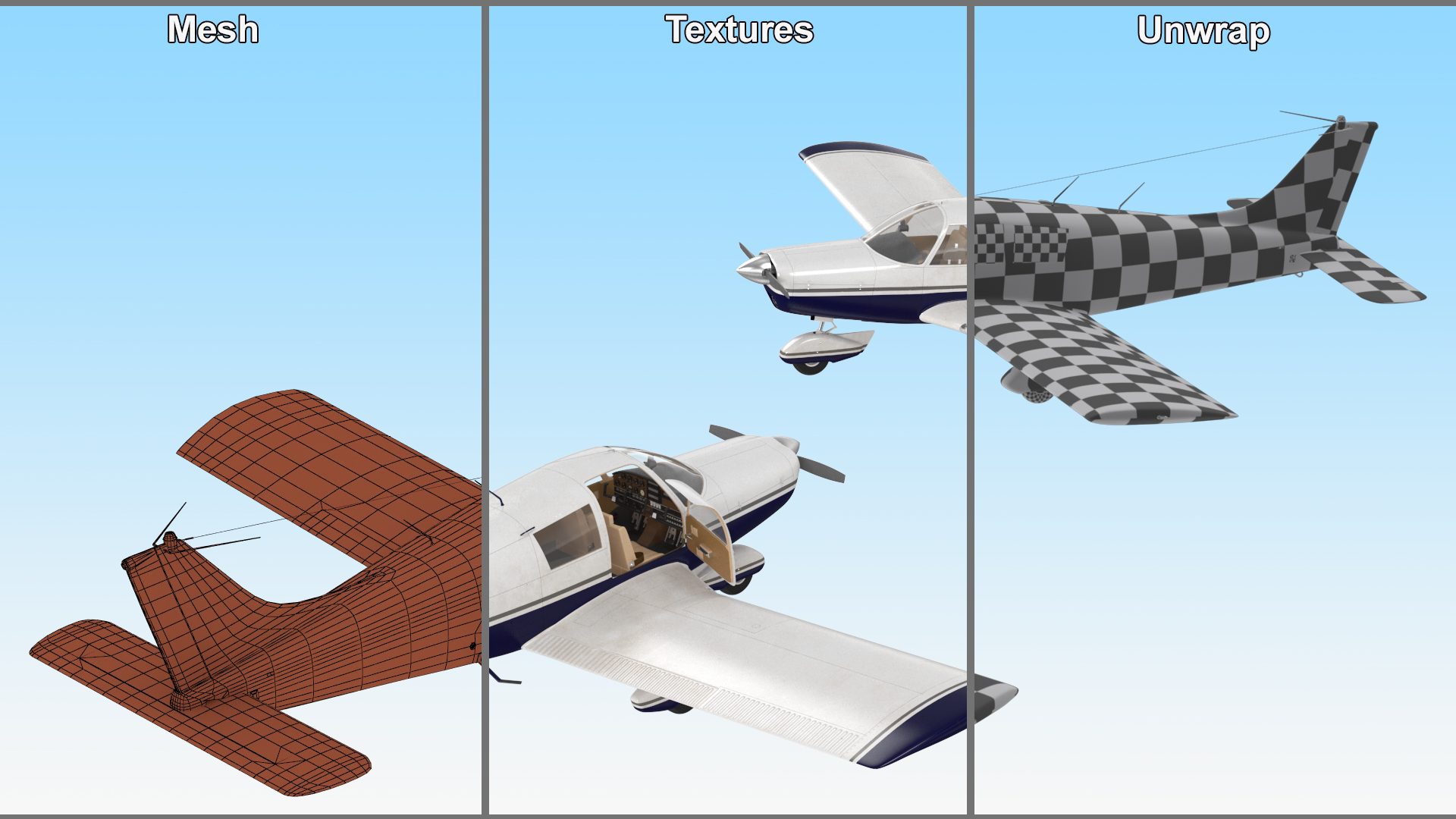 Four Seat Light Aircraft Piper PA-28 Rigged for Maya 3D