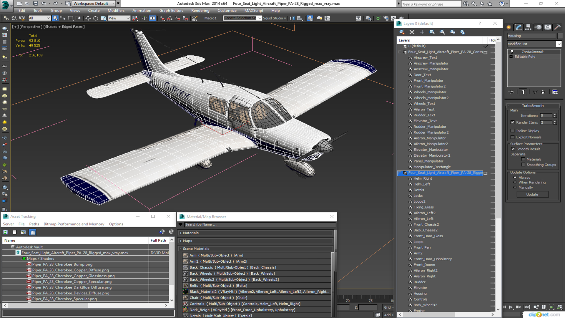 Four Seat Light Aircraft Piper PA-28 Rigged for Maya 3D