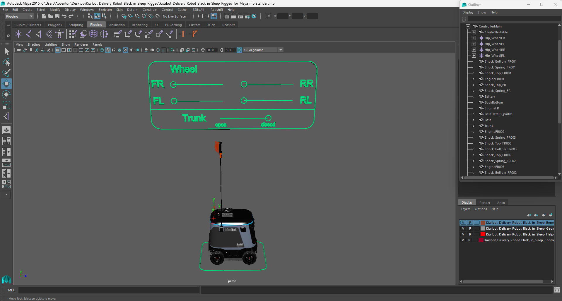 3D Kiwibot Delivery Robot Black in Sleep Rigged for Maya model