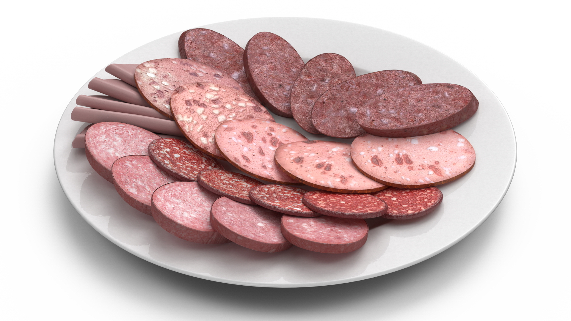 3D Assorted Sausages on Plate