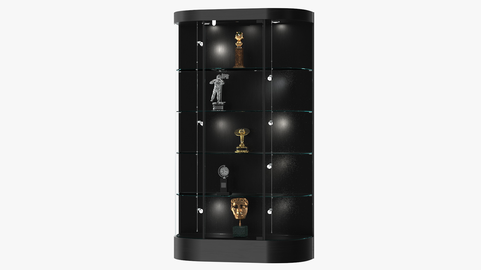Curved Wall Display Case Black with Trophies 3D model