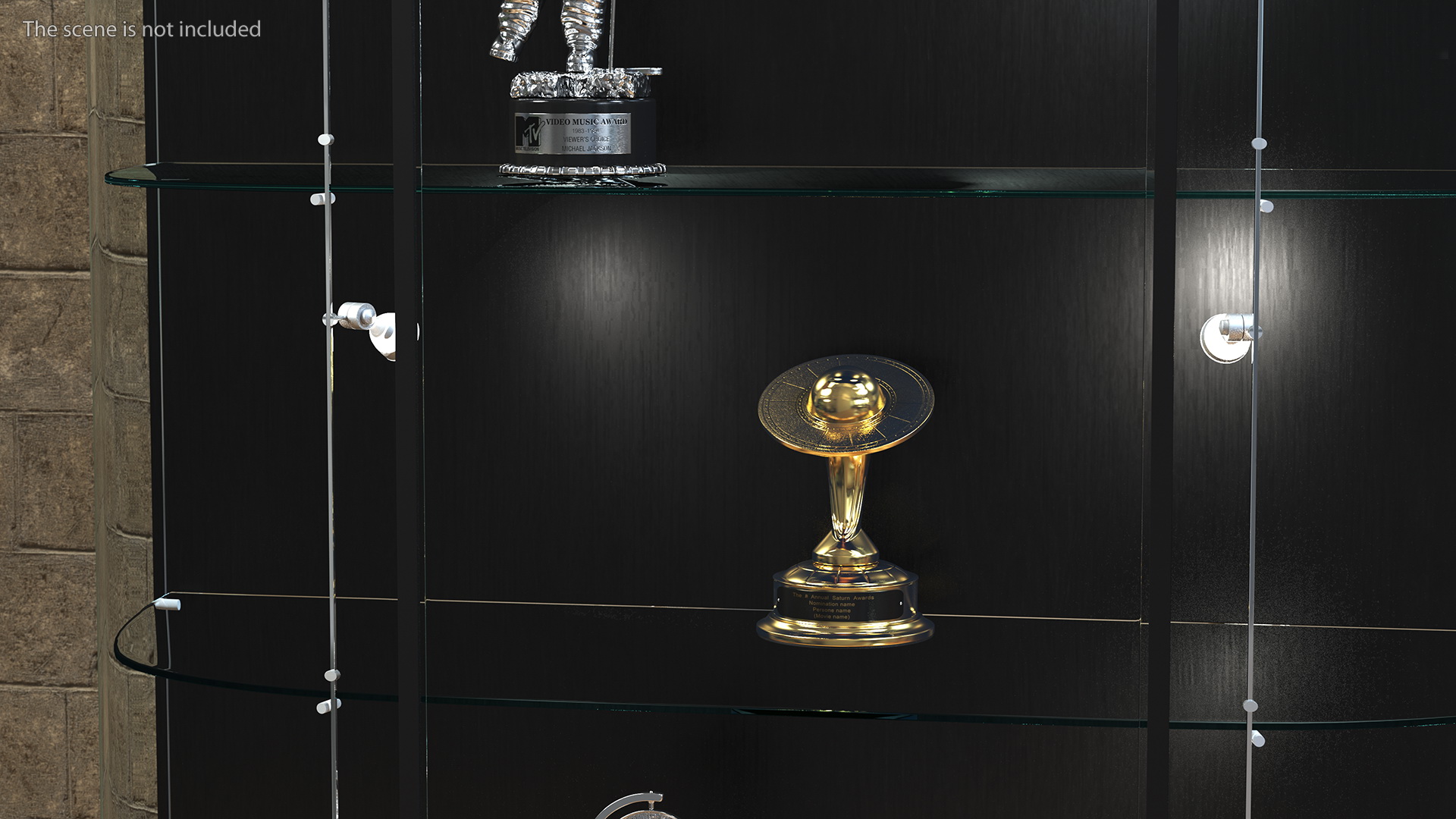 Curved Wall Display Case Black with Trophies 3D model
