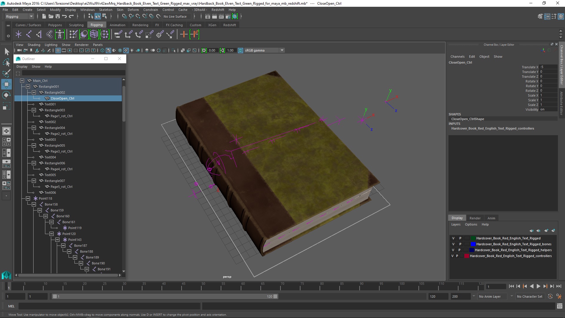 3D Hardback Book Elven Text Green Rigged for Maya