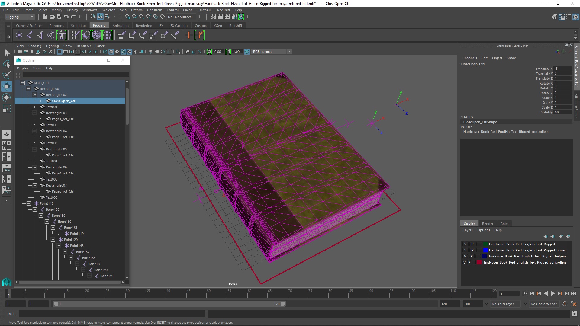 3D Hardback Book Elven Text Green Rigged for Maya