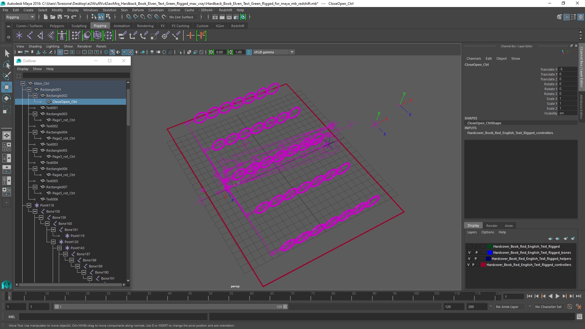 3D Hardback Book Elven Text Green Rigged for Maya