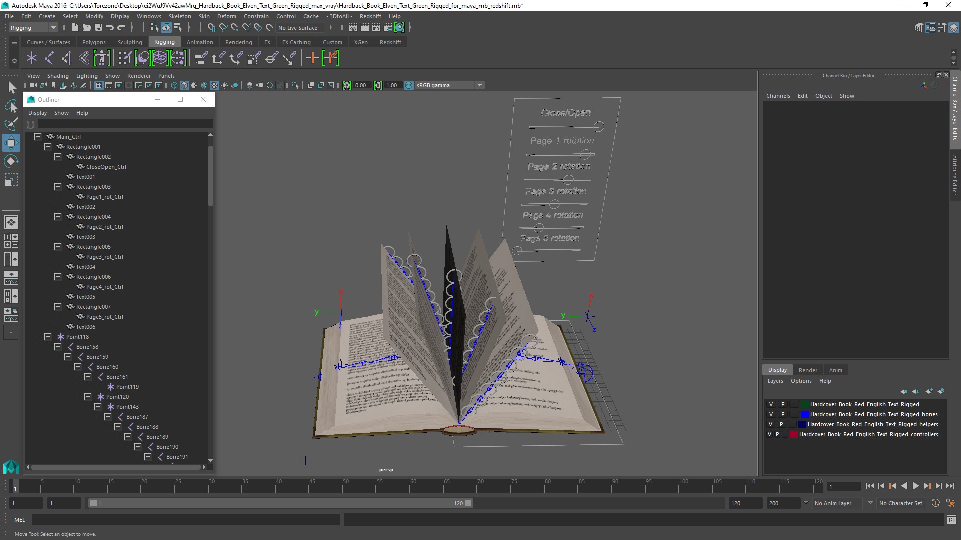 3D Hardback Book Elven Text Green Rigged for Maya