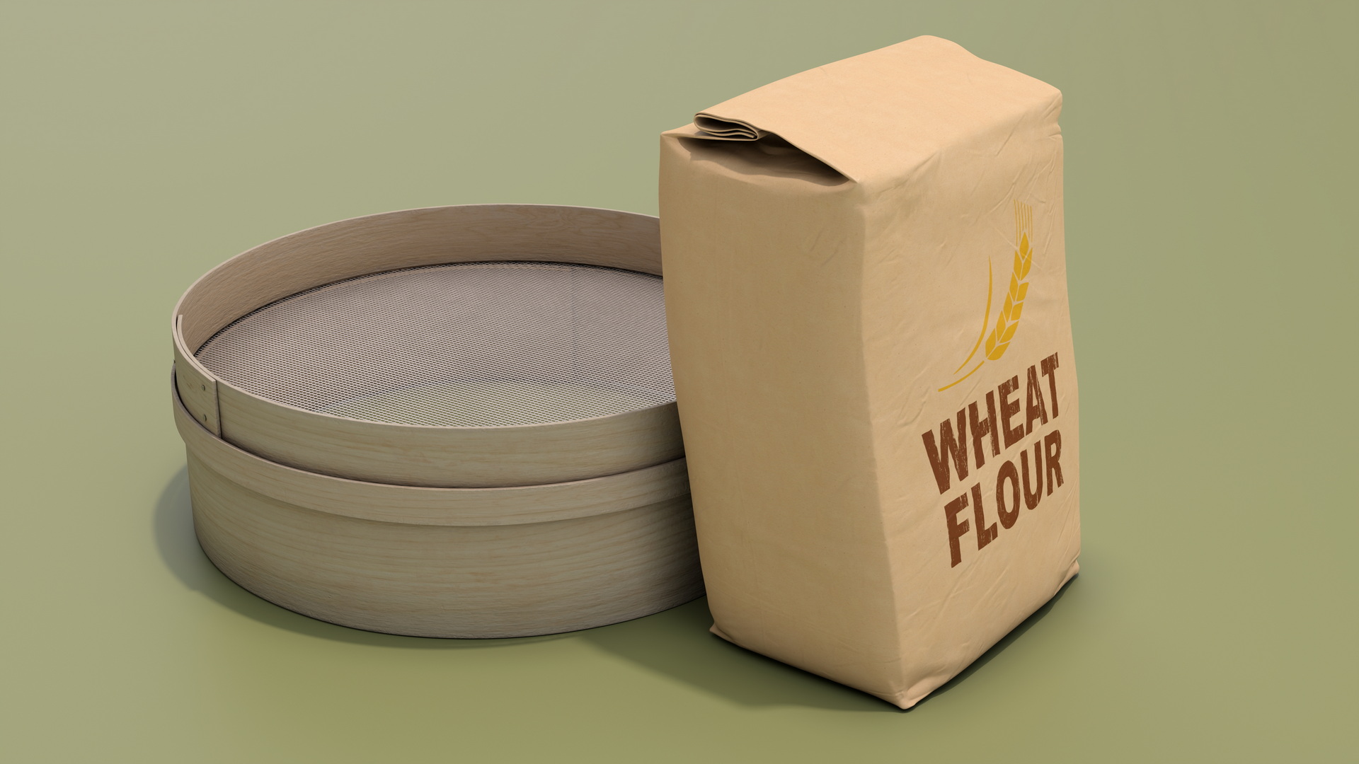3D Wheat Flour and Wooden Sieve model