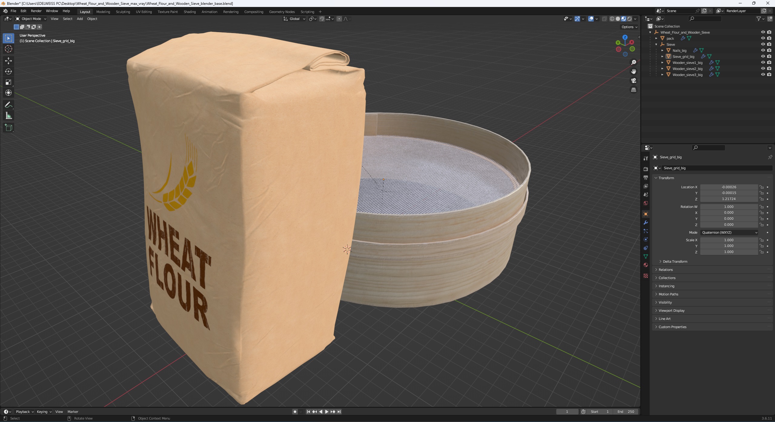 3D Wheat Flour and Wooden Sieve model
