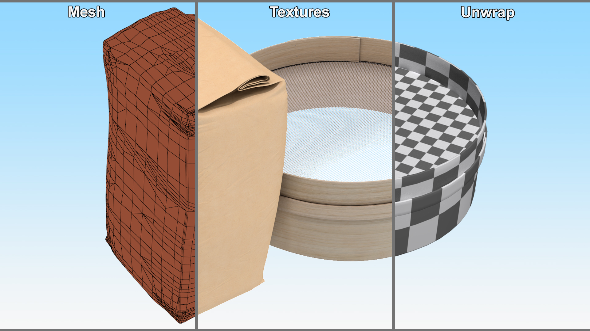 3D Wheat Flour and Wooden Sieve model