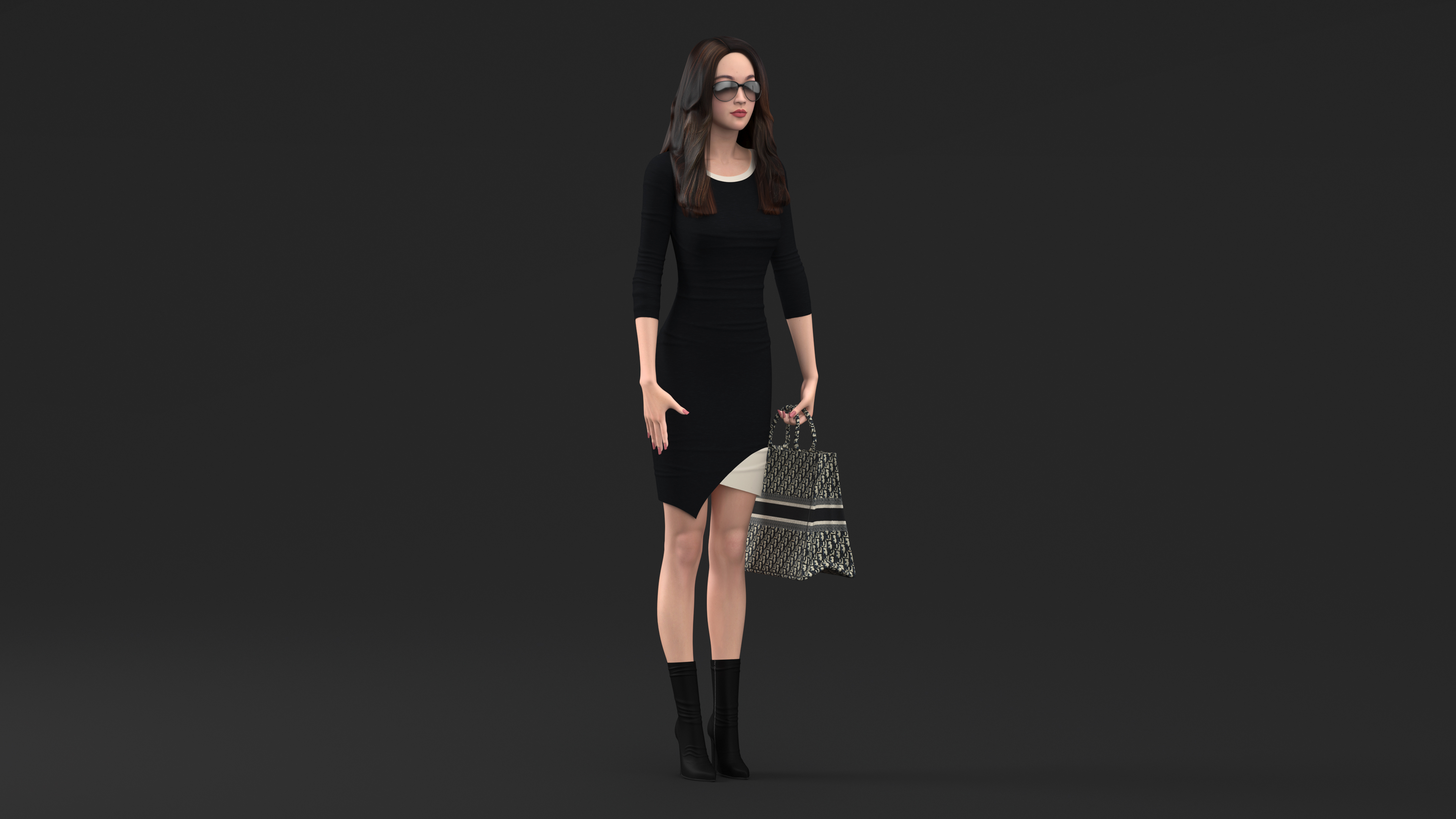 3D Elegant Woman with Beige Tote Bag model