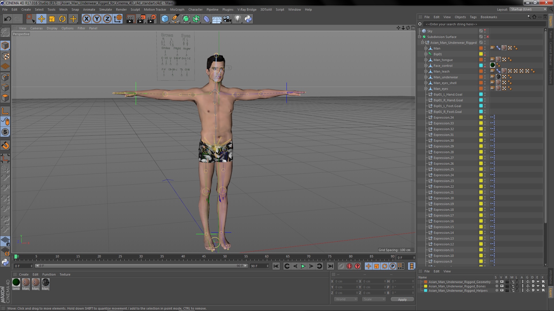 3D model Asian Man Underwear Rigged for Cinema 4D