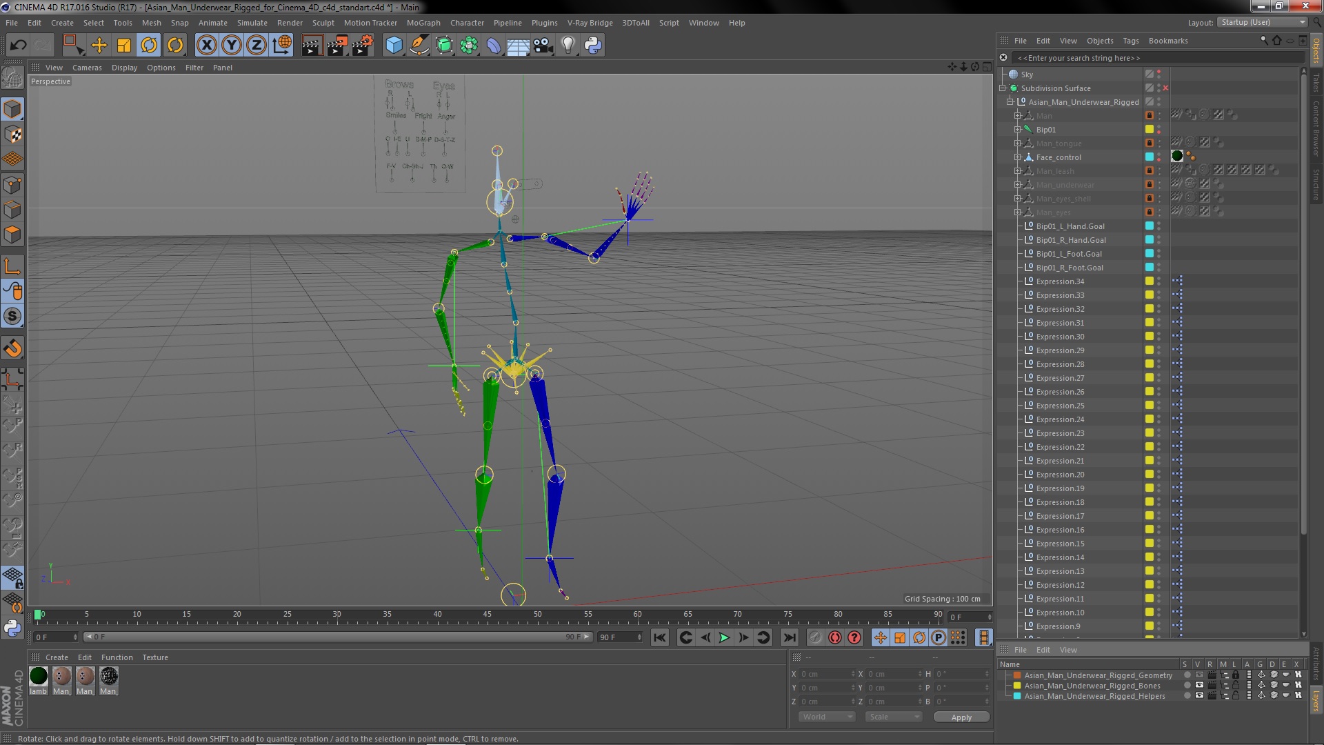 3D model Asian Man Underwear Rigged for Cinema 4D