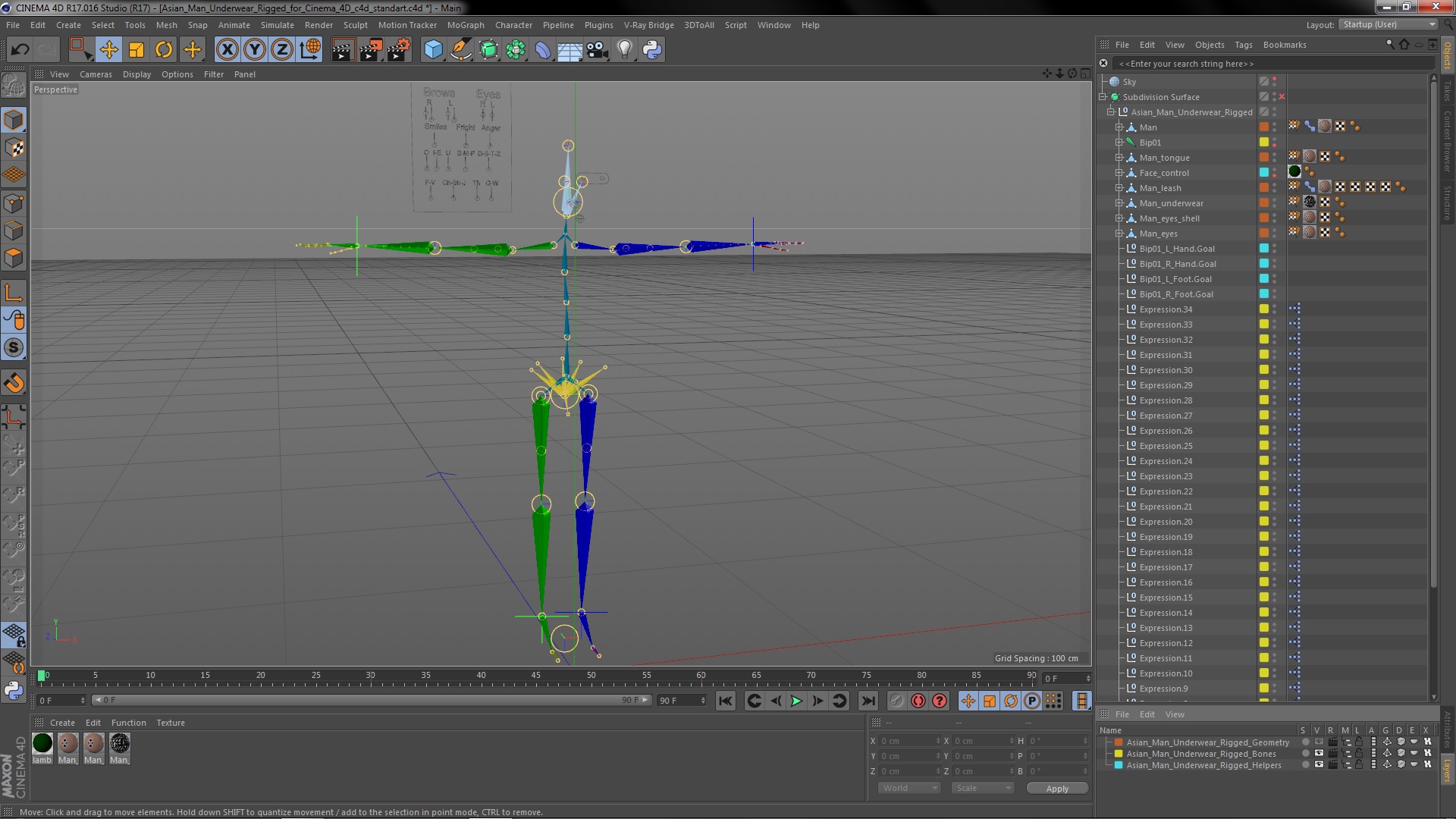 3D model Asian Man Underwear Rigged for Cinema 4D
