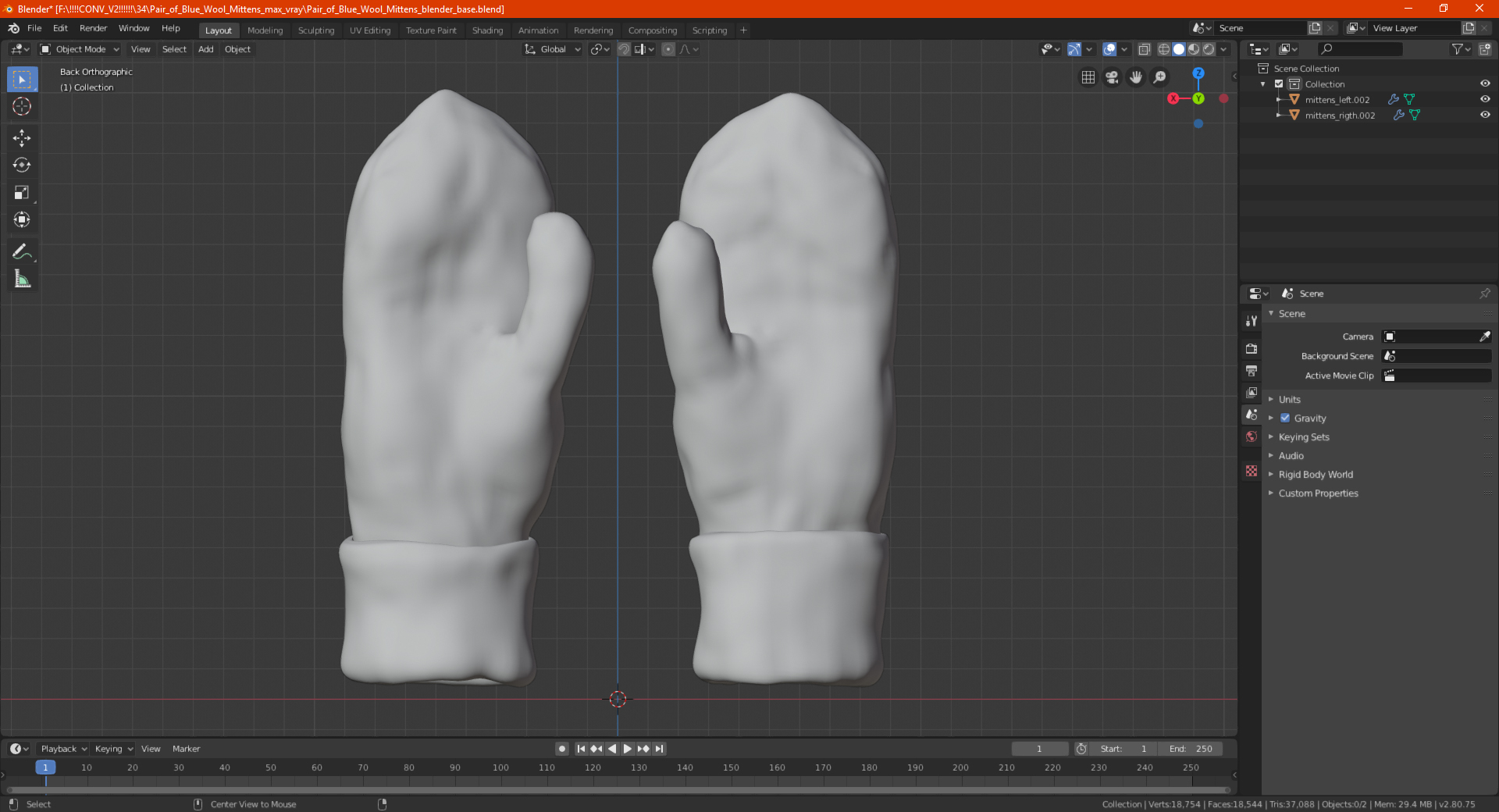 Pair of Red Wool Mittens 3D model