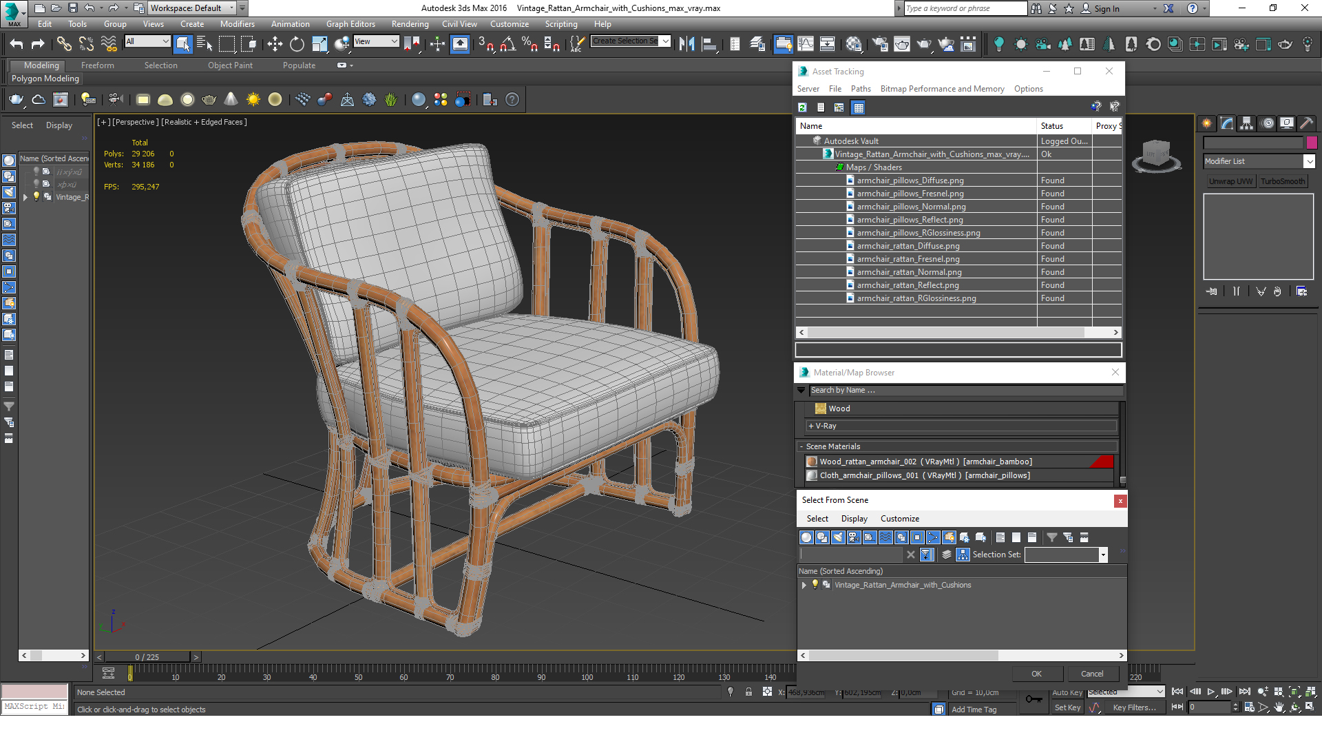 Vintage Rattan Armchair with Cushions 3D
