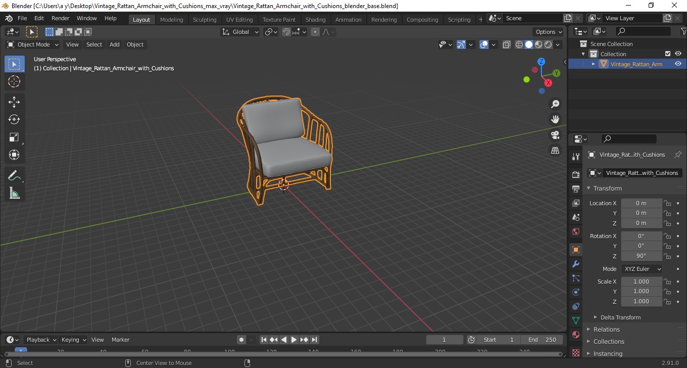 Vintage Rattan Armchair with Cushions 3D