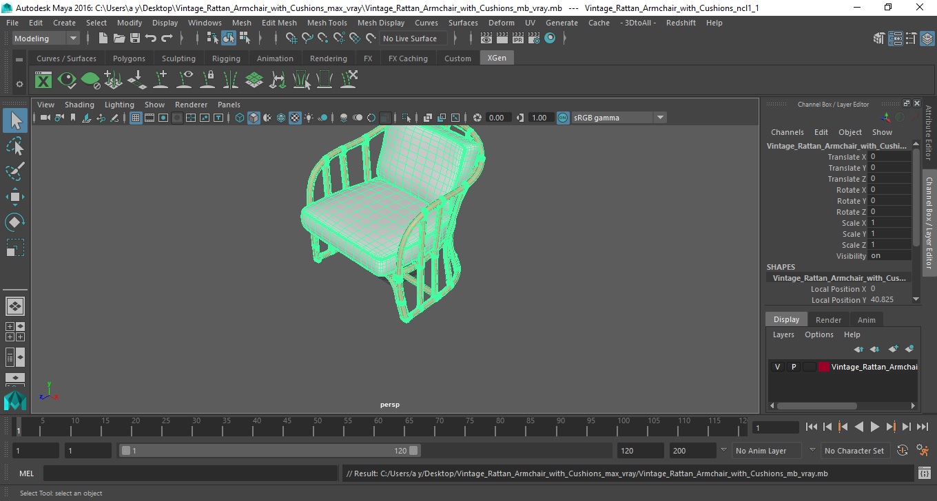 Vintage Rattan Armchair with Cushions 3D