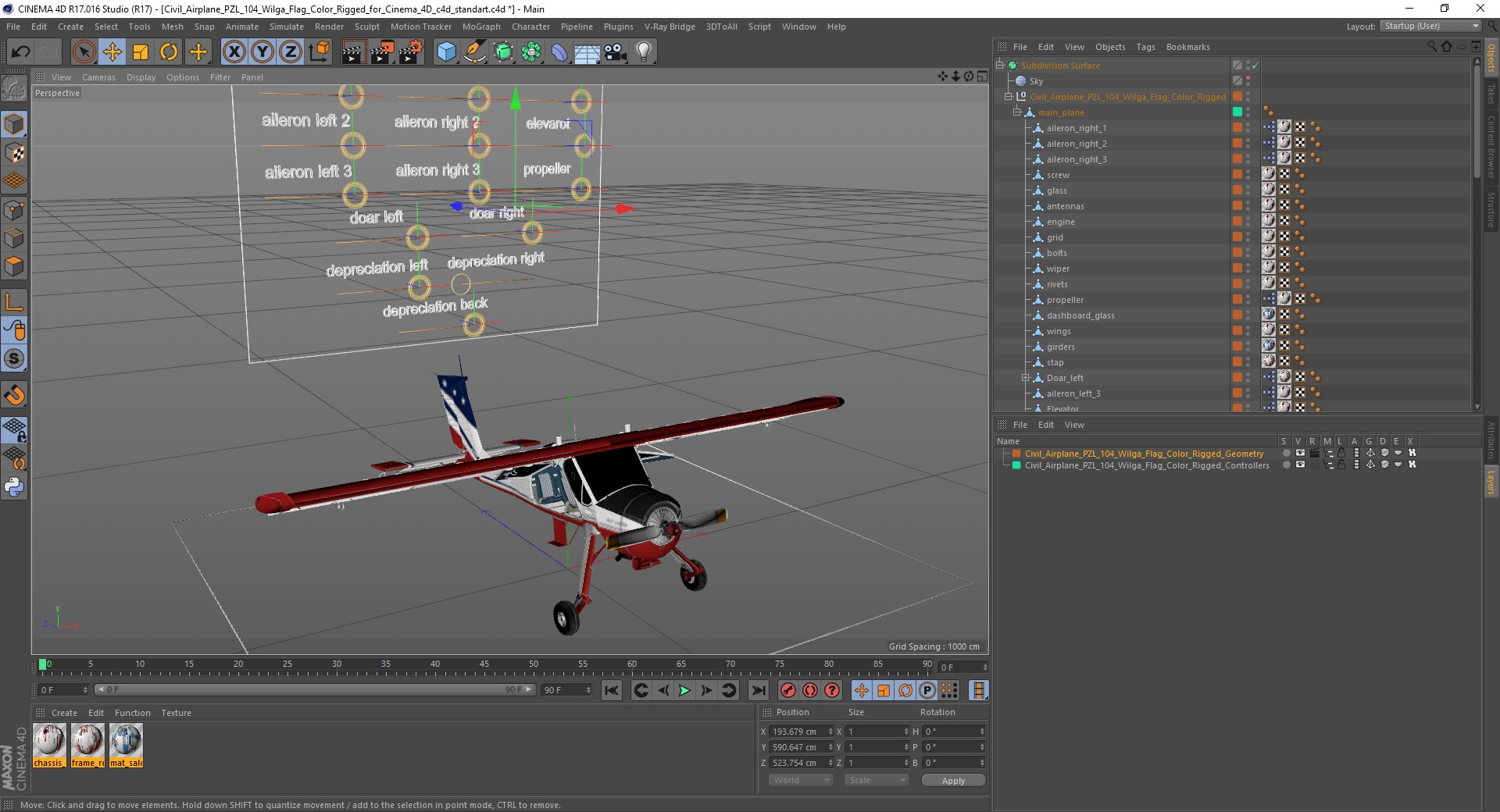 3D model Civil Airplane PZL 104 Wilga Flag Color Rigged for Cinema 4D