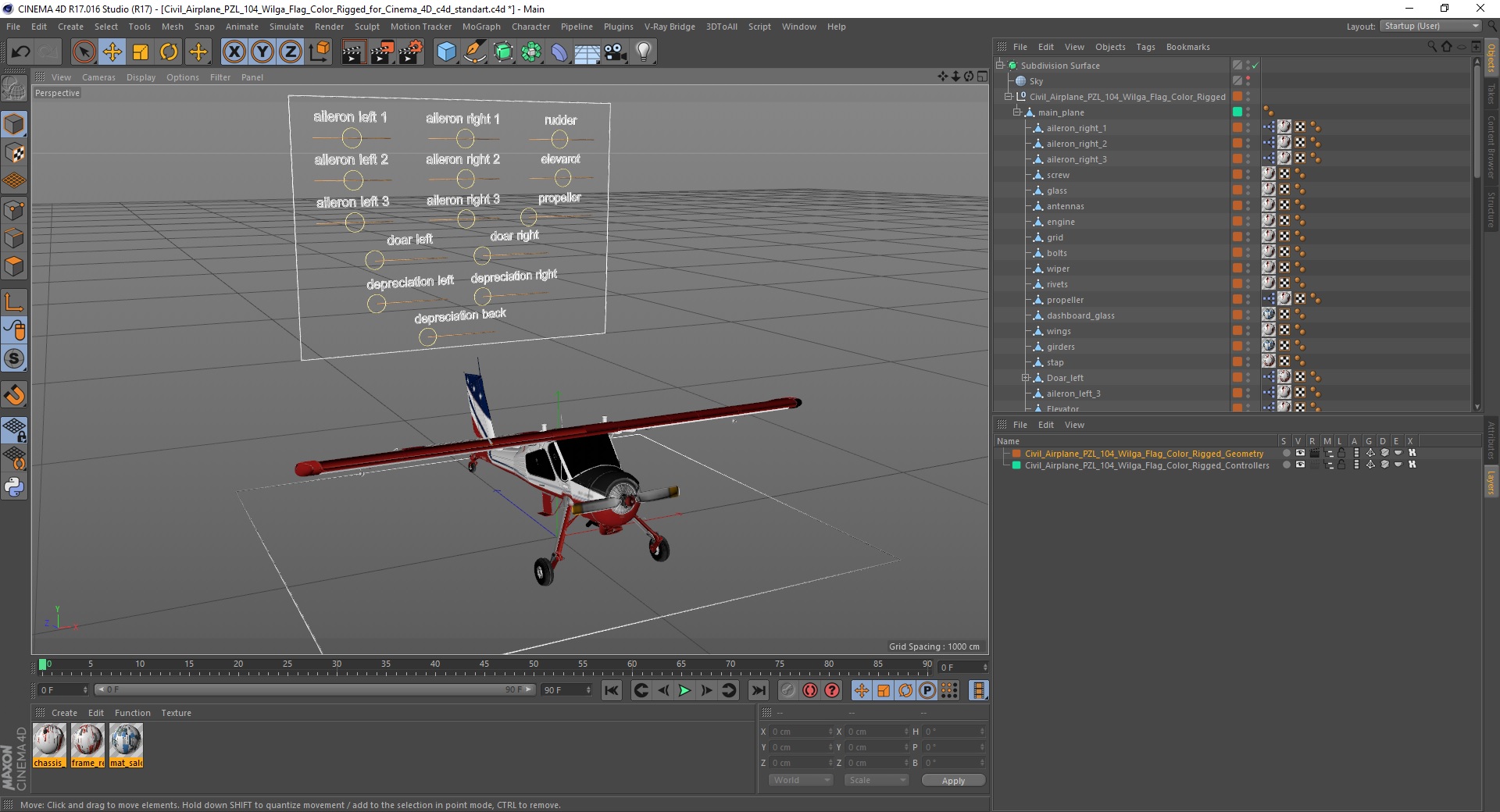 3D model Civil Airplane PZL 104 Wilga Flag Color Rigged for Cinema 4D