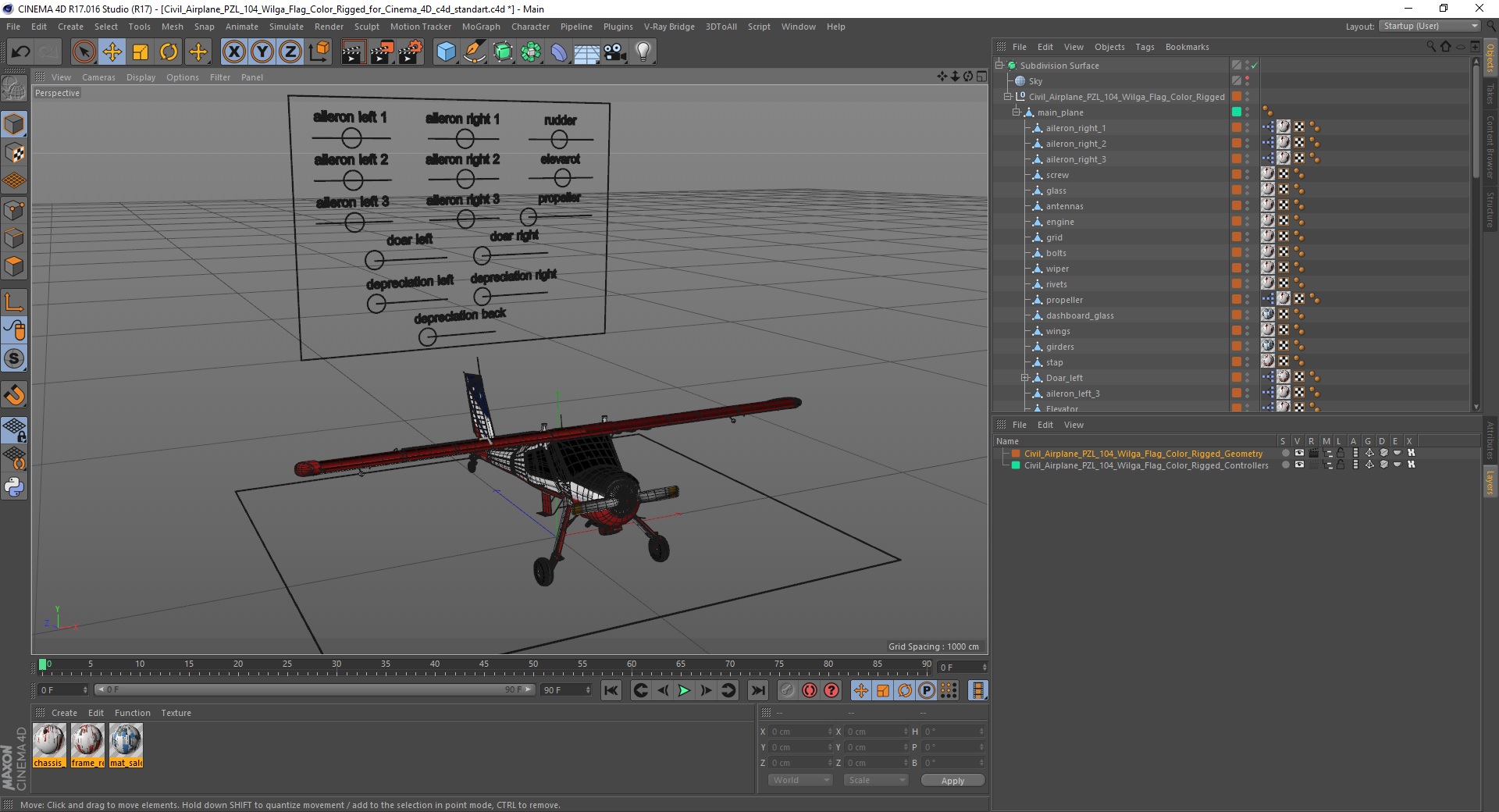 3D model Civil Airplane PZL 104 Wilga Flag Color Rigged for Cinema 4D