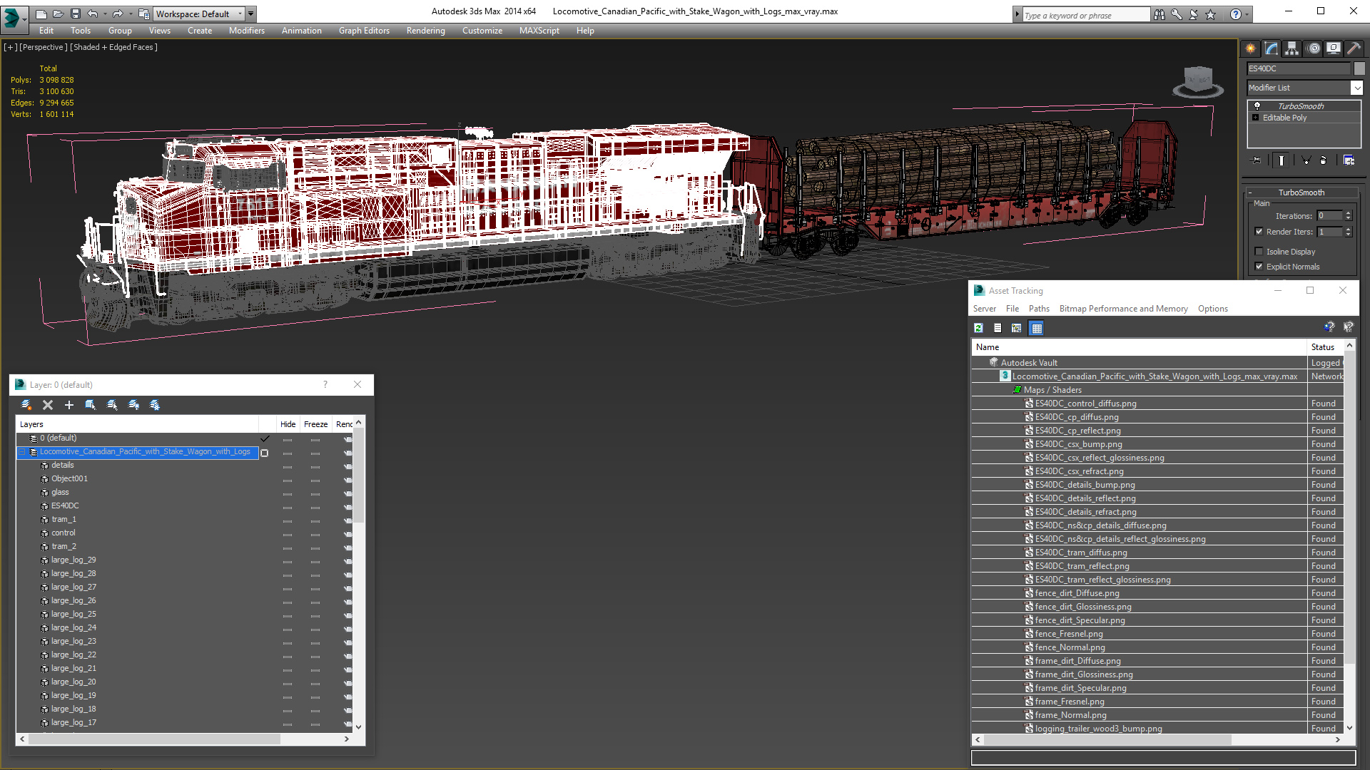Locomotive Canadian Pacific with Stake Wagon with Logs 3D model