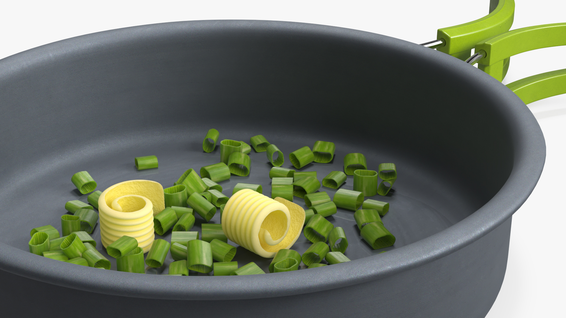 Frying Pan with Chopped Green Onion in Butter, view 4