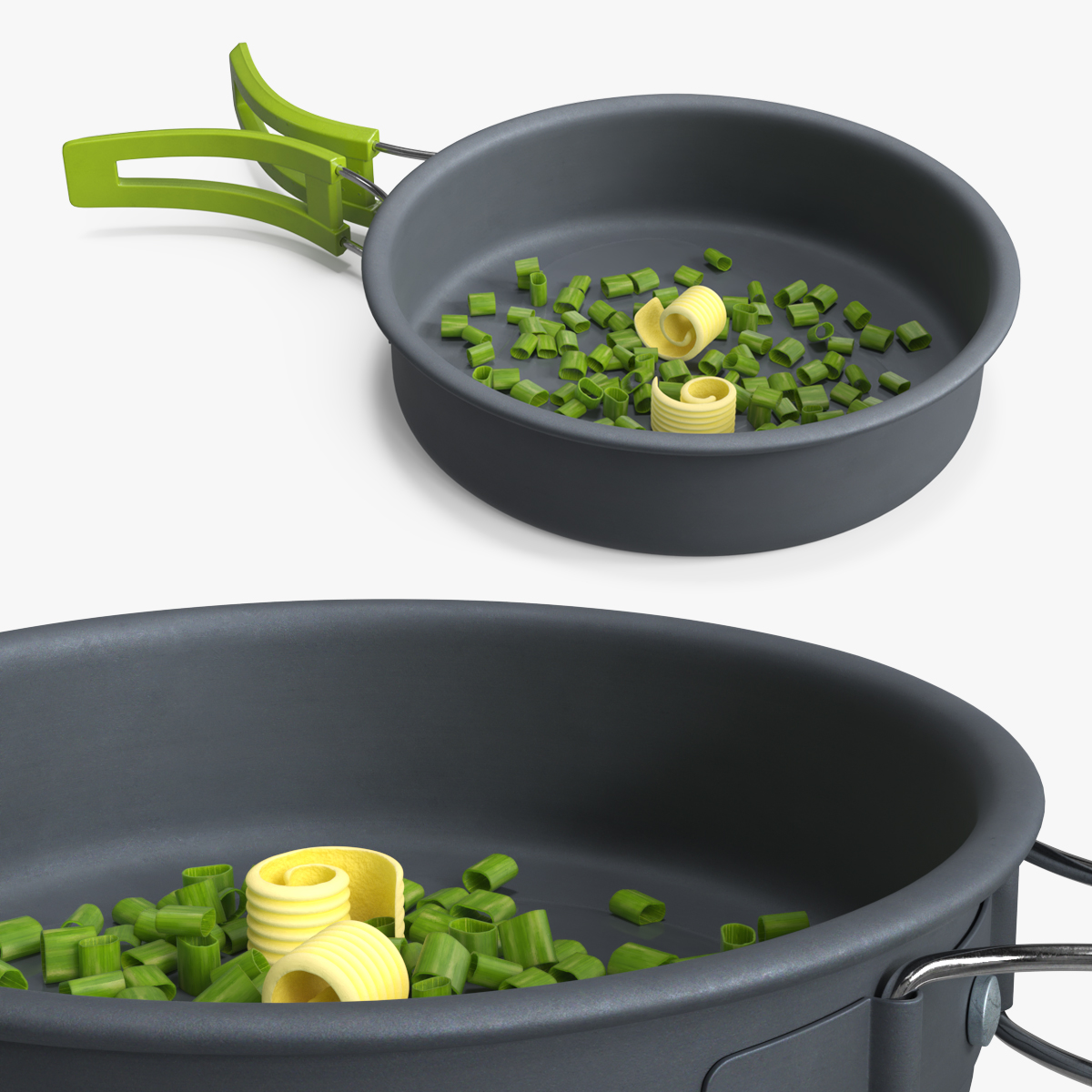 Frying Pan with Chopped Green Onion in Butter 3D model preview