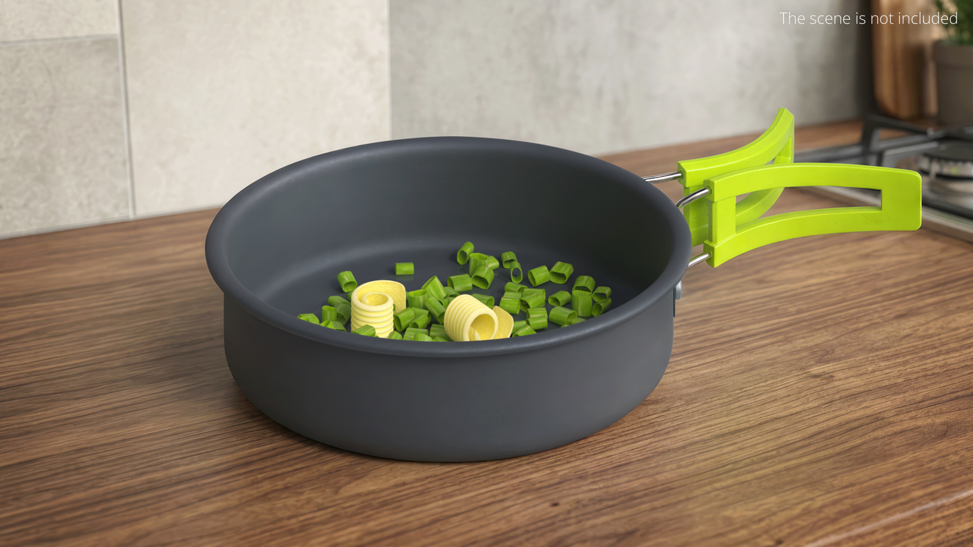 Frying Pan with Chopped Green Onion in Butter, view 2
