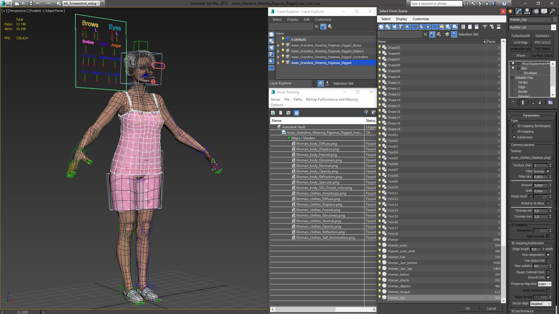 3D Asian Grandma Wearing Pajamas Rigged