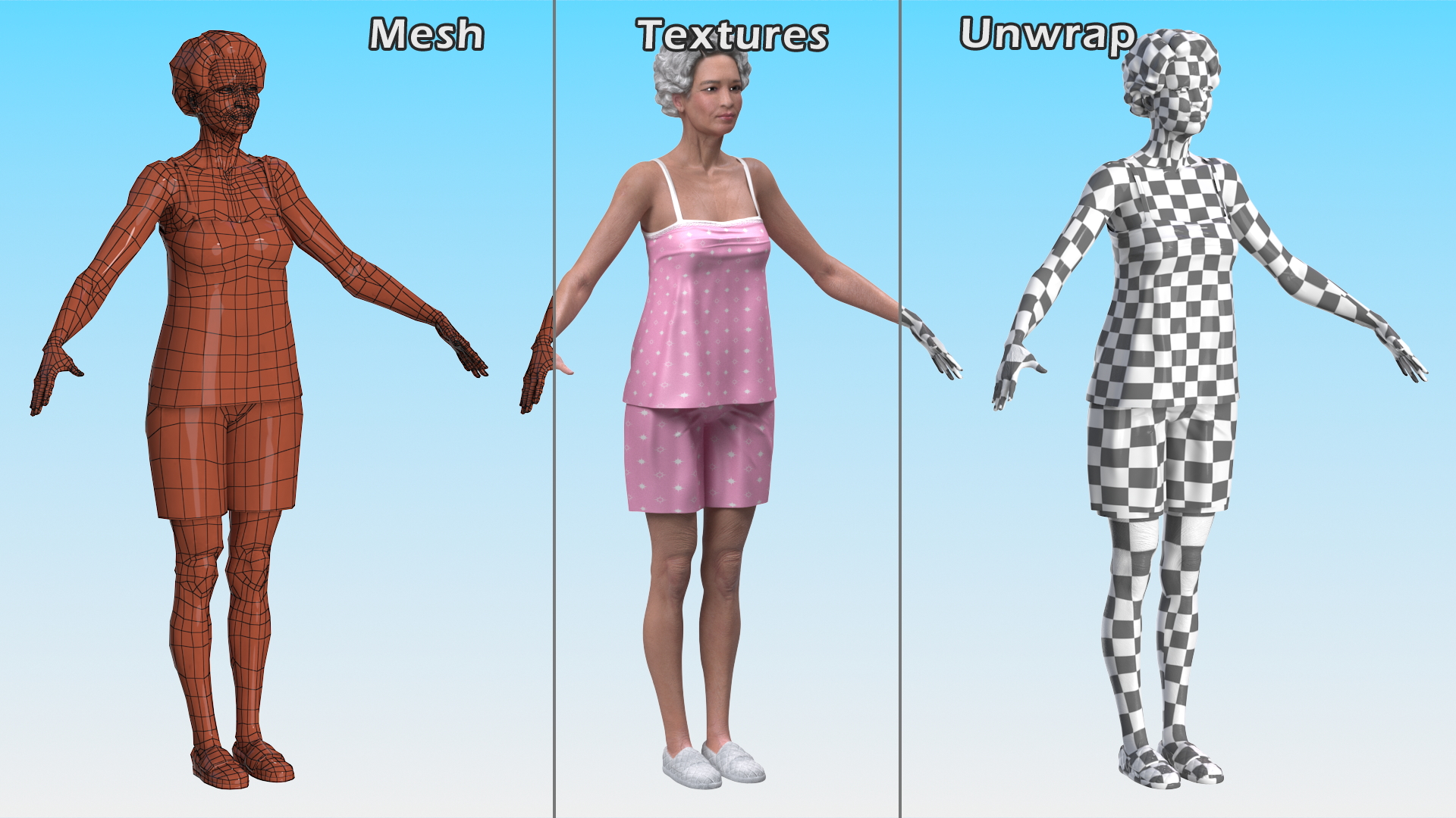 3D Asian Grandma Wearing Pajamas Rigged