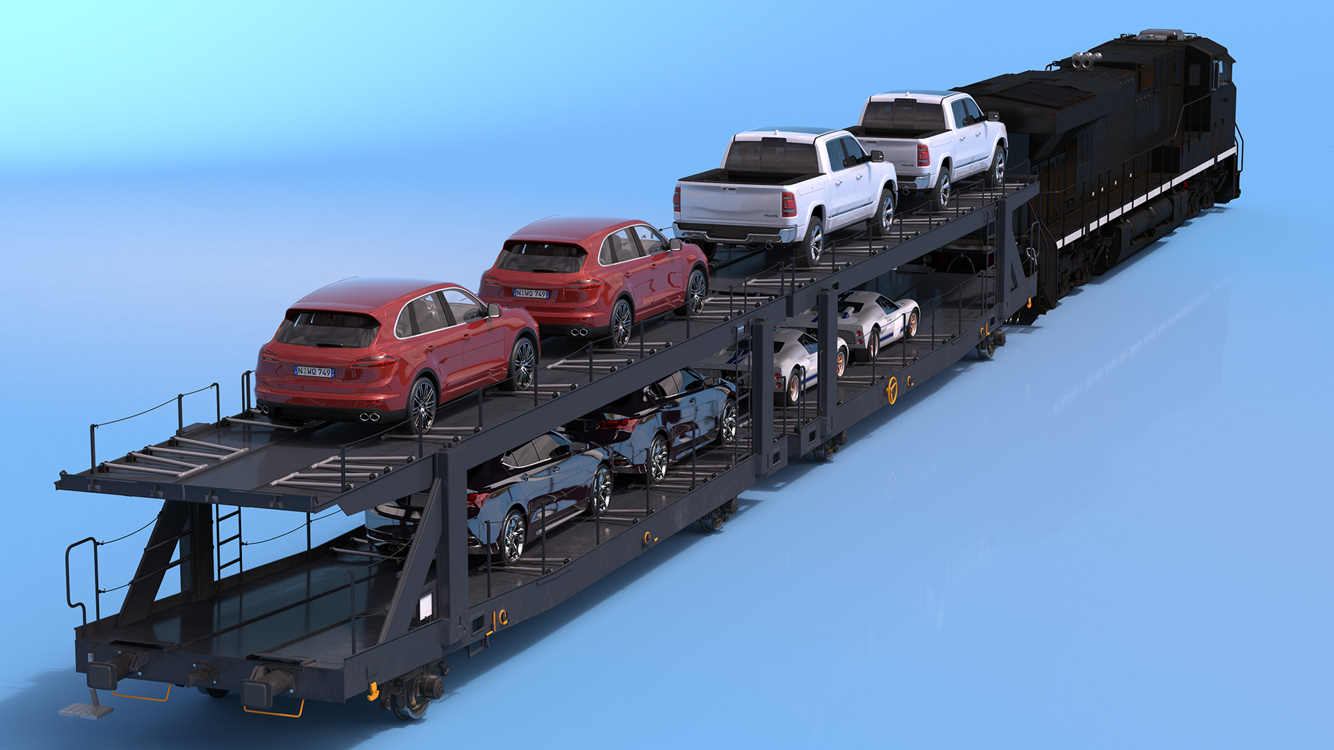 3D Locomotive with Car Transporter Loaded model