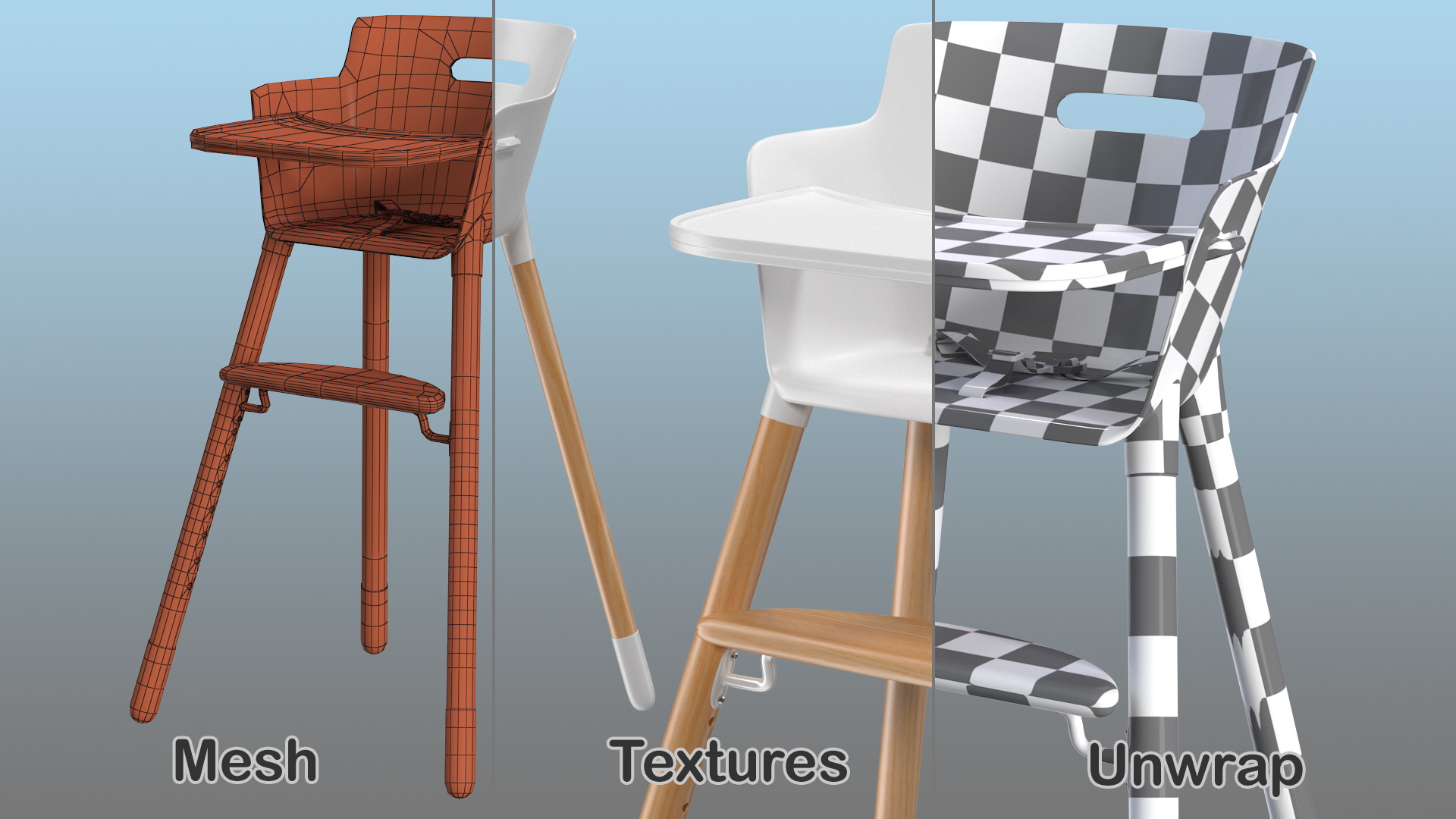 3D Wooden Adjustable Baby High Chair model