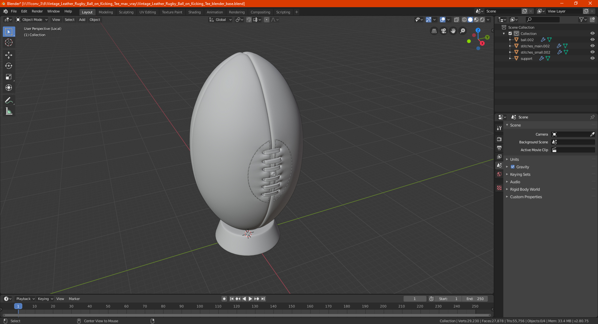 3D Vintage Leather Rugby Ball on Kicking Tee