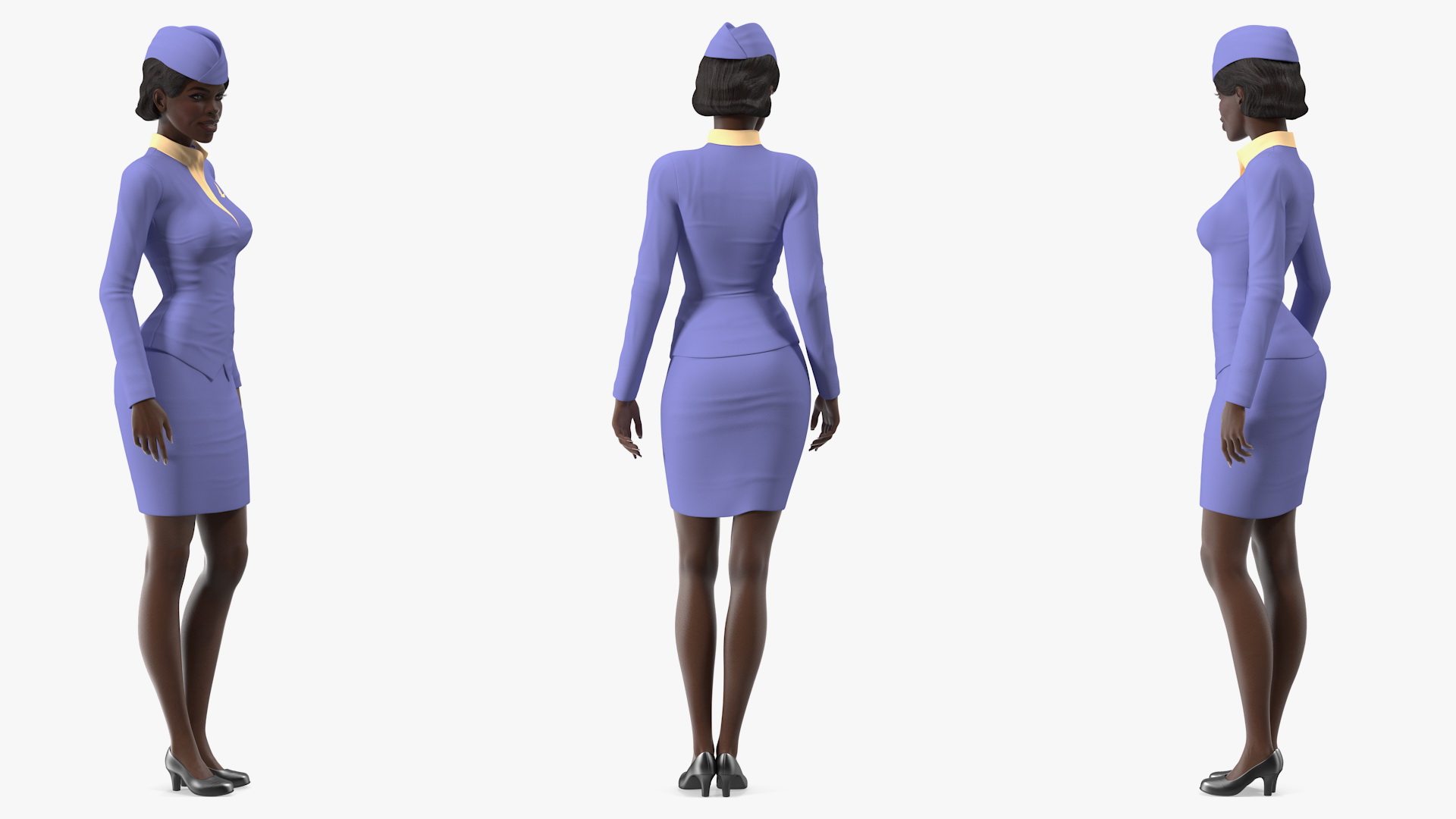 3D Dark Skinned Black Stewardess Standing Pose model