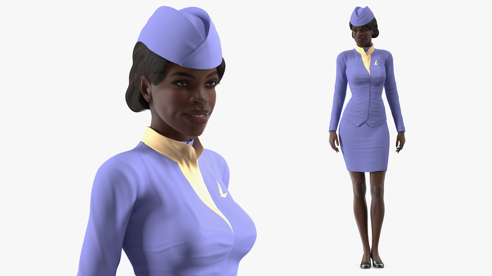 3D Dark Skinned Black Stewardess Standing Pose model