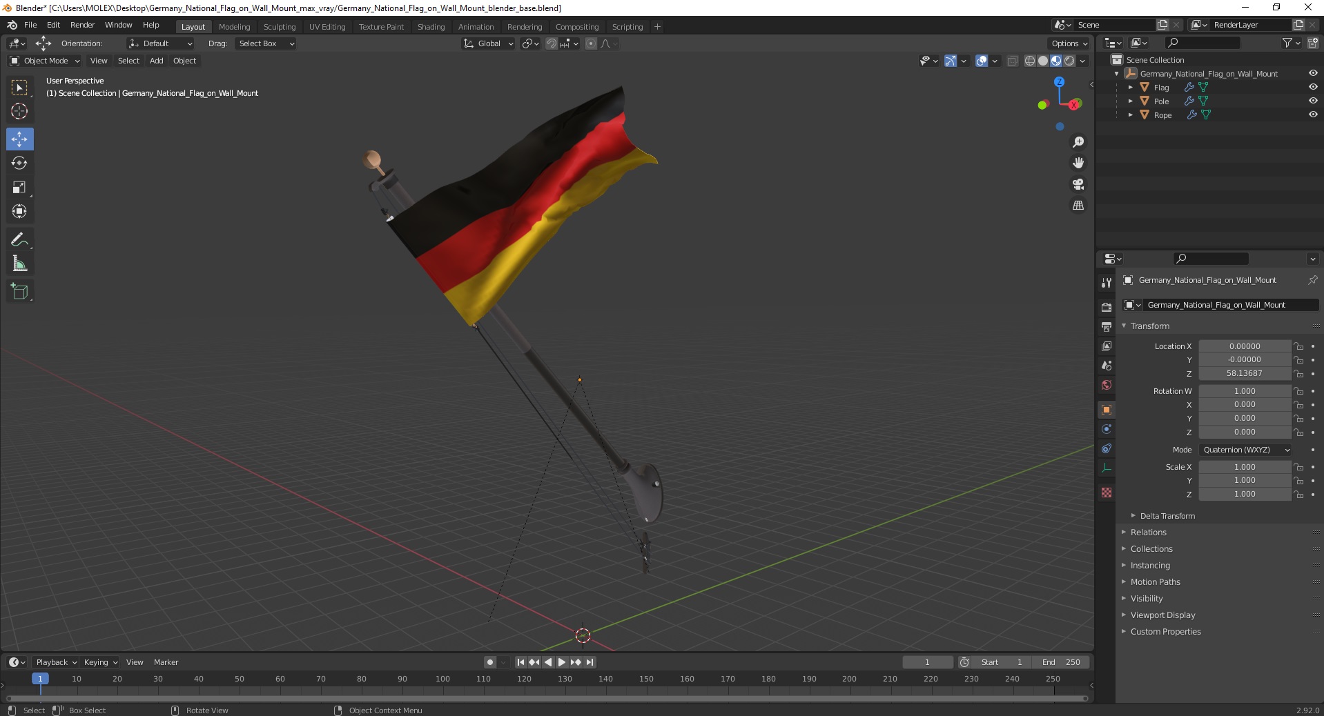 3D model Germany National Flag on Wall Mount