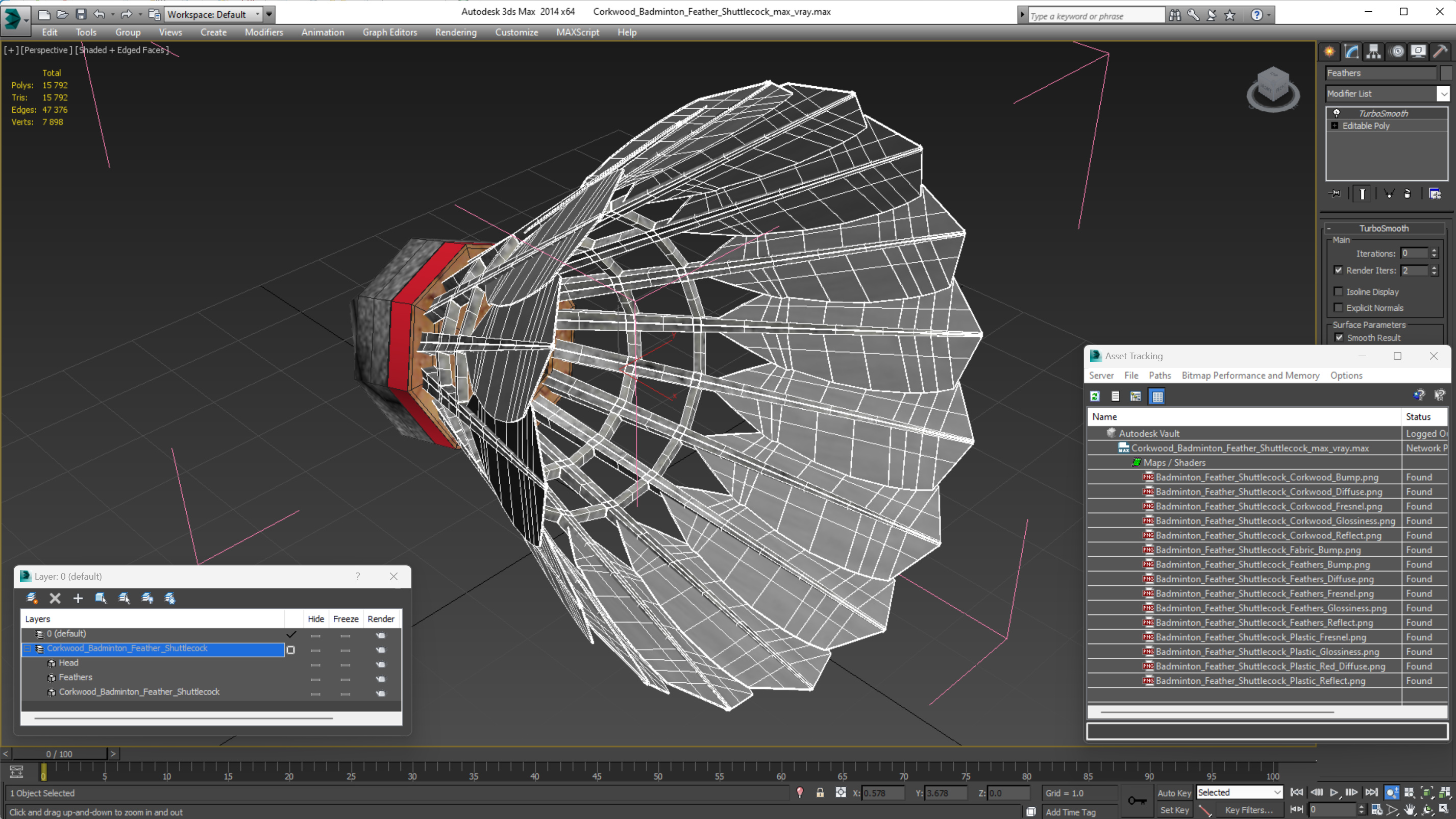 3D Corkwood Badminton Feather Shuttlecock model
