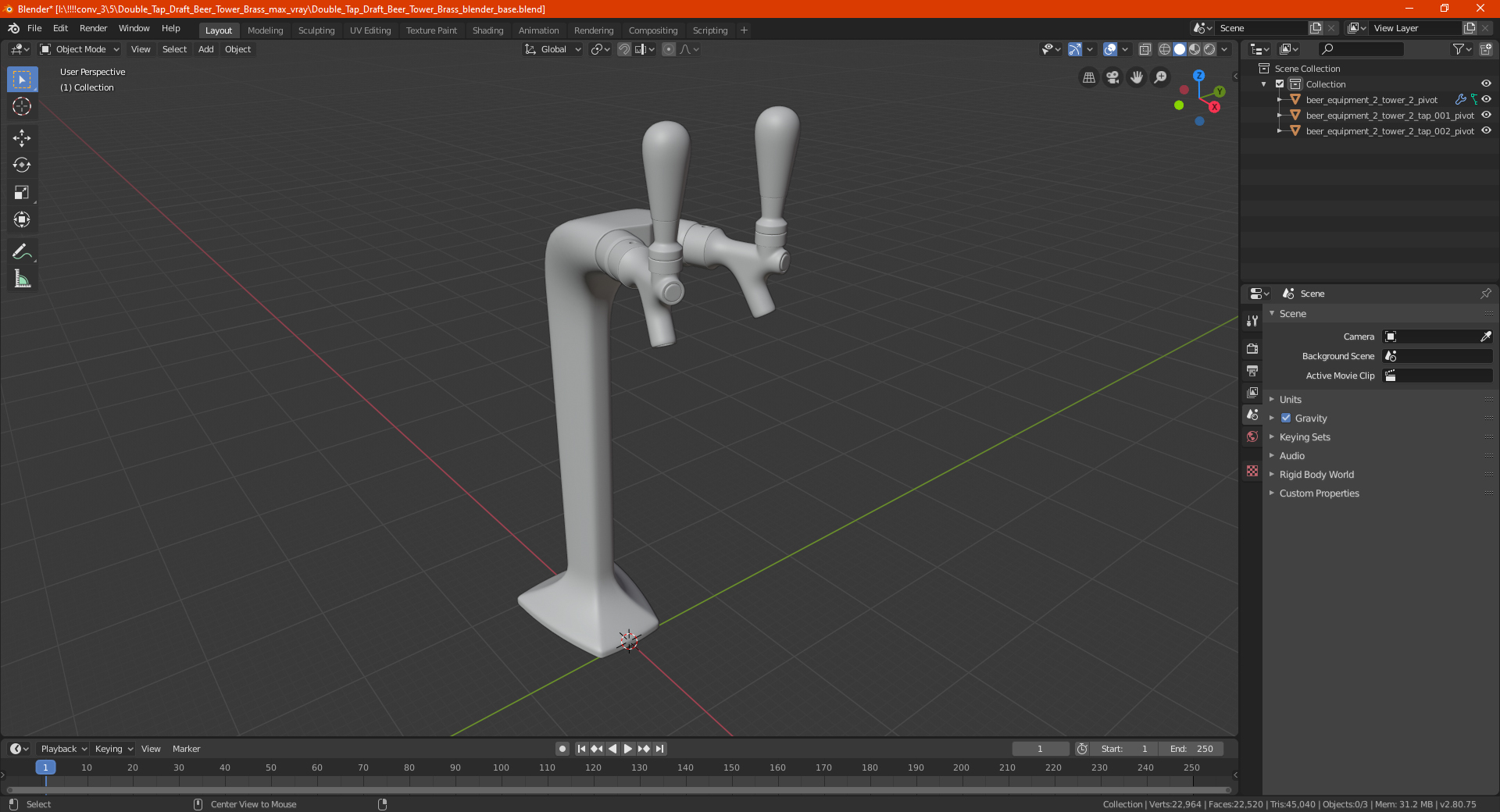 3D Double Tap Draft Beer Tower Brass model