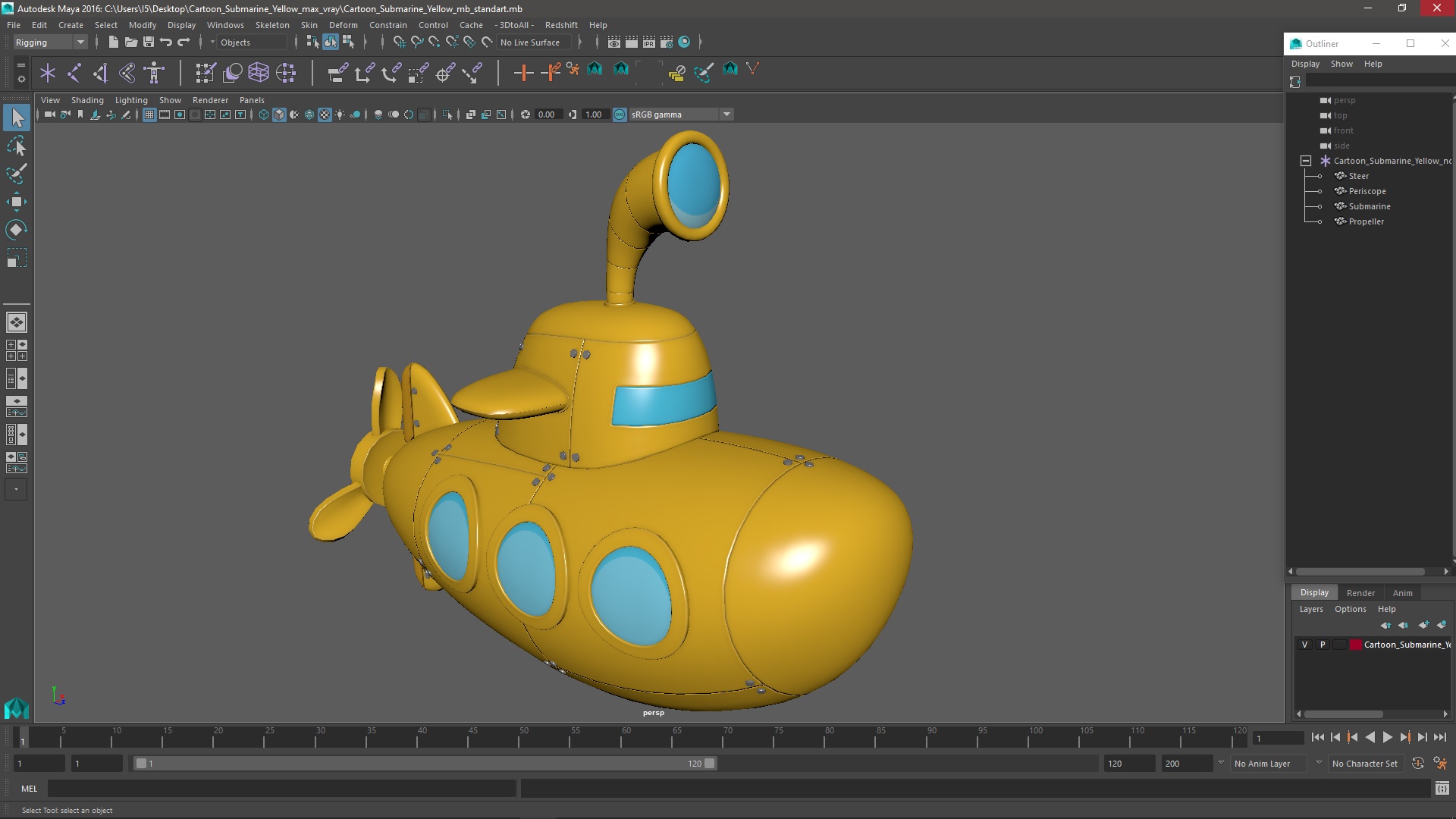 Cartoon Submarine Yellow 3D model