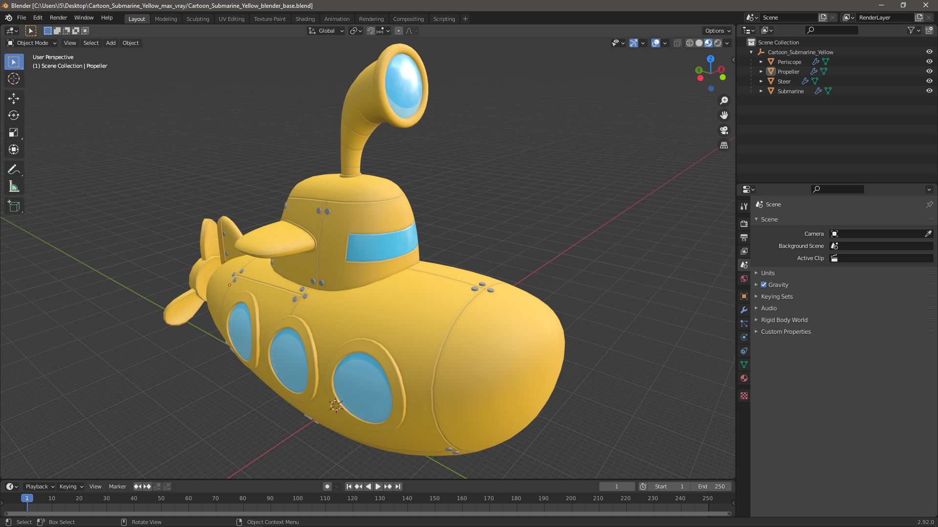Cartoon Submarine Yellow 3D model