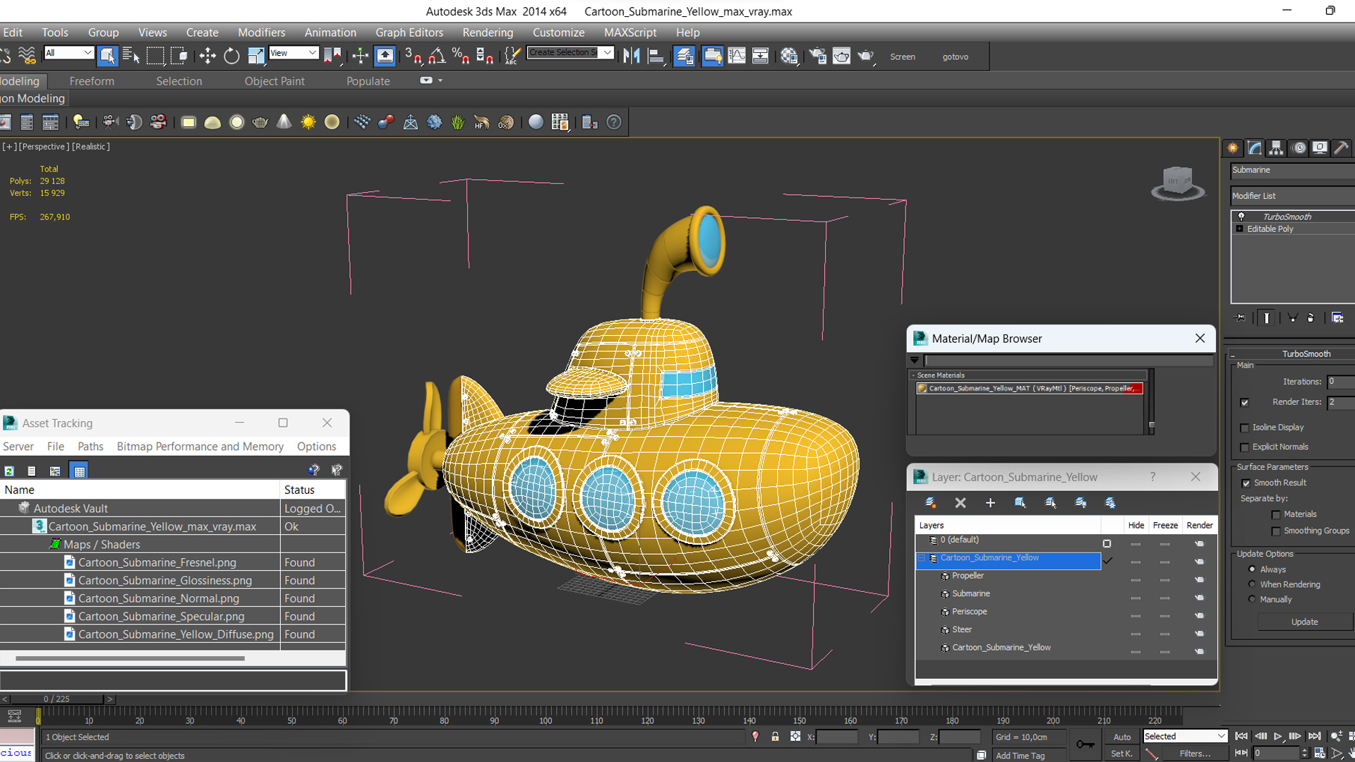 Cartoon Submarine Yellow 3D model