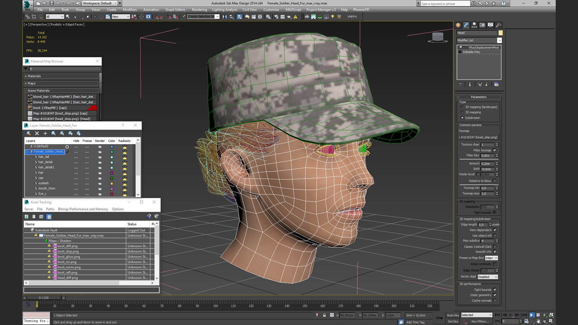 3D Female Soldier Head Fur model