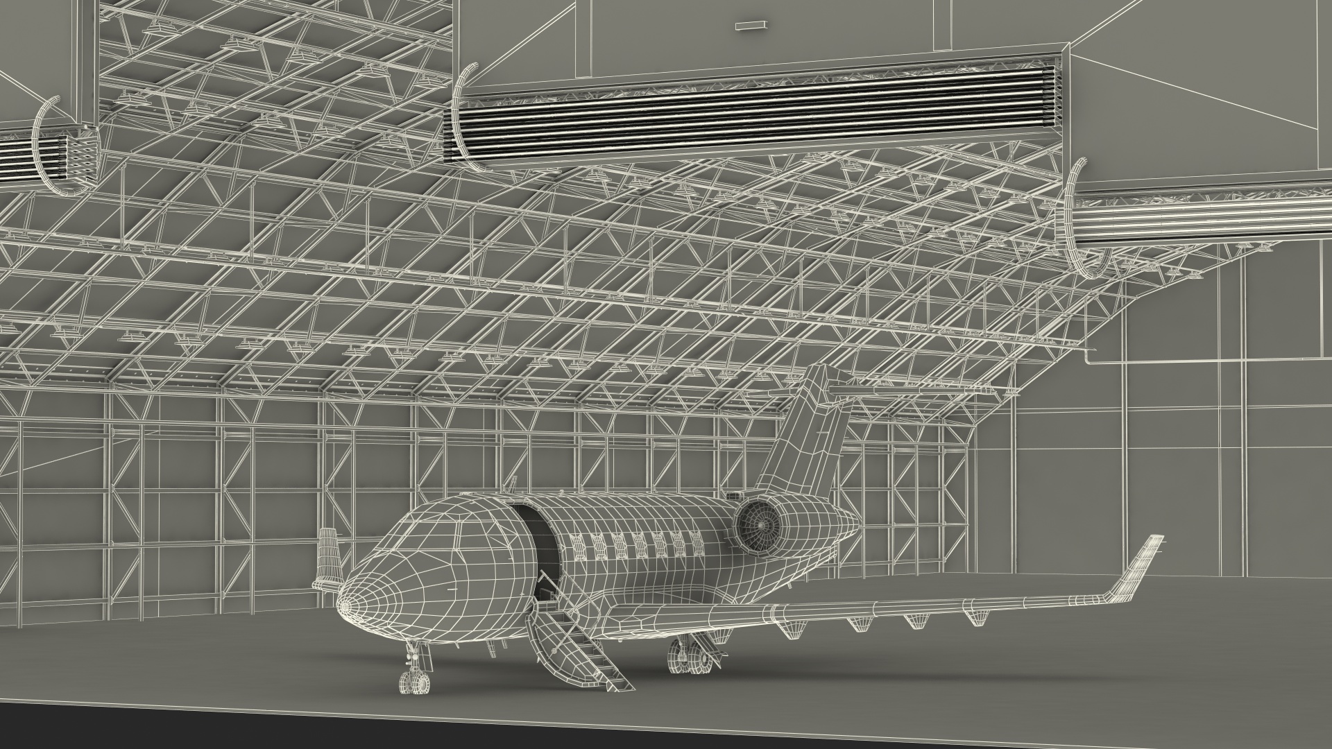 Business Jet Bombardier Challenger 604 In Aircraft Hangar Rigged 3D model