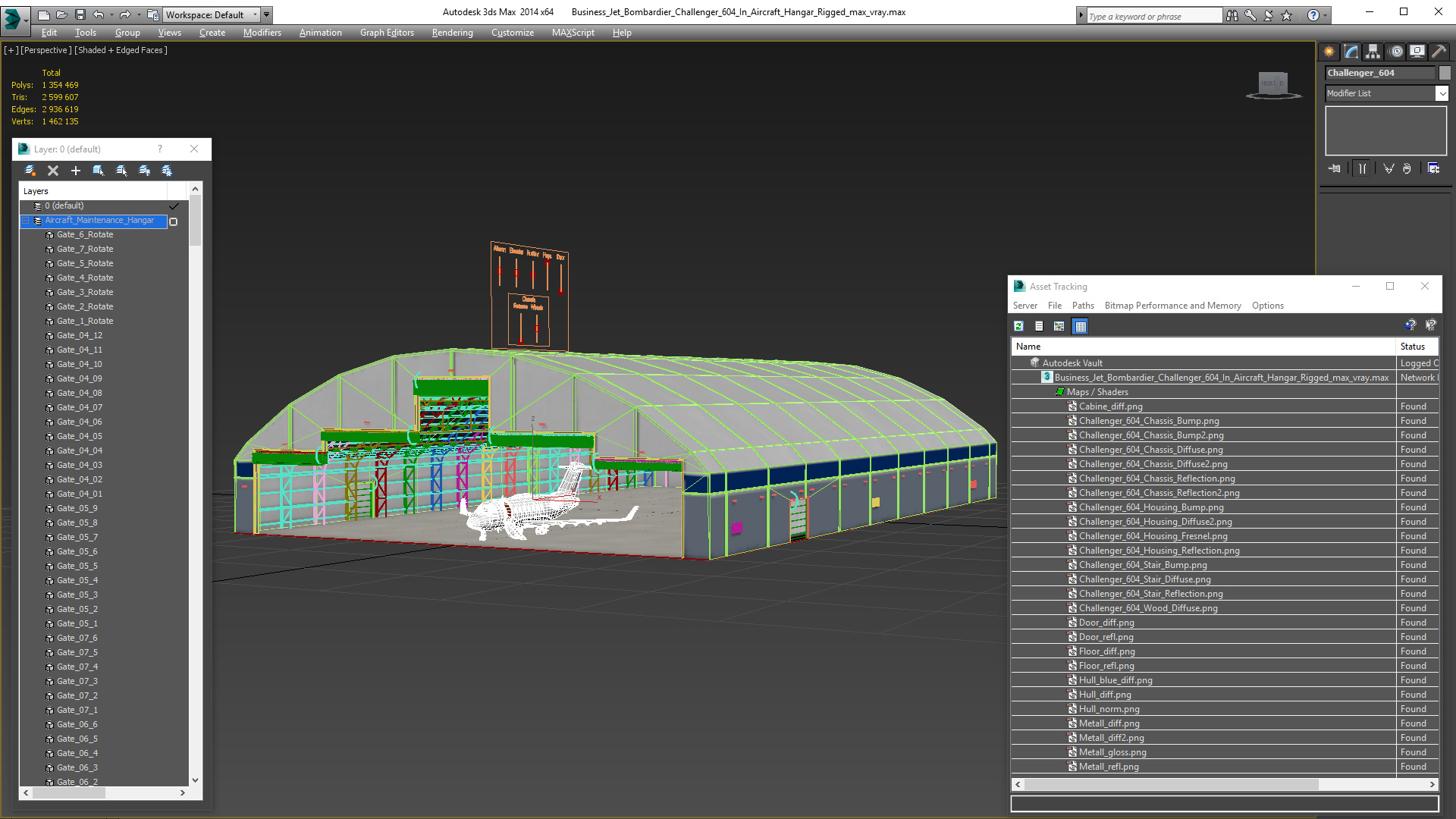 Business Jet Bombardier Challenger 604 In Aircraft Hangar Rigged 3D model