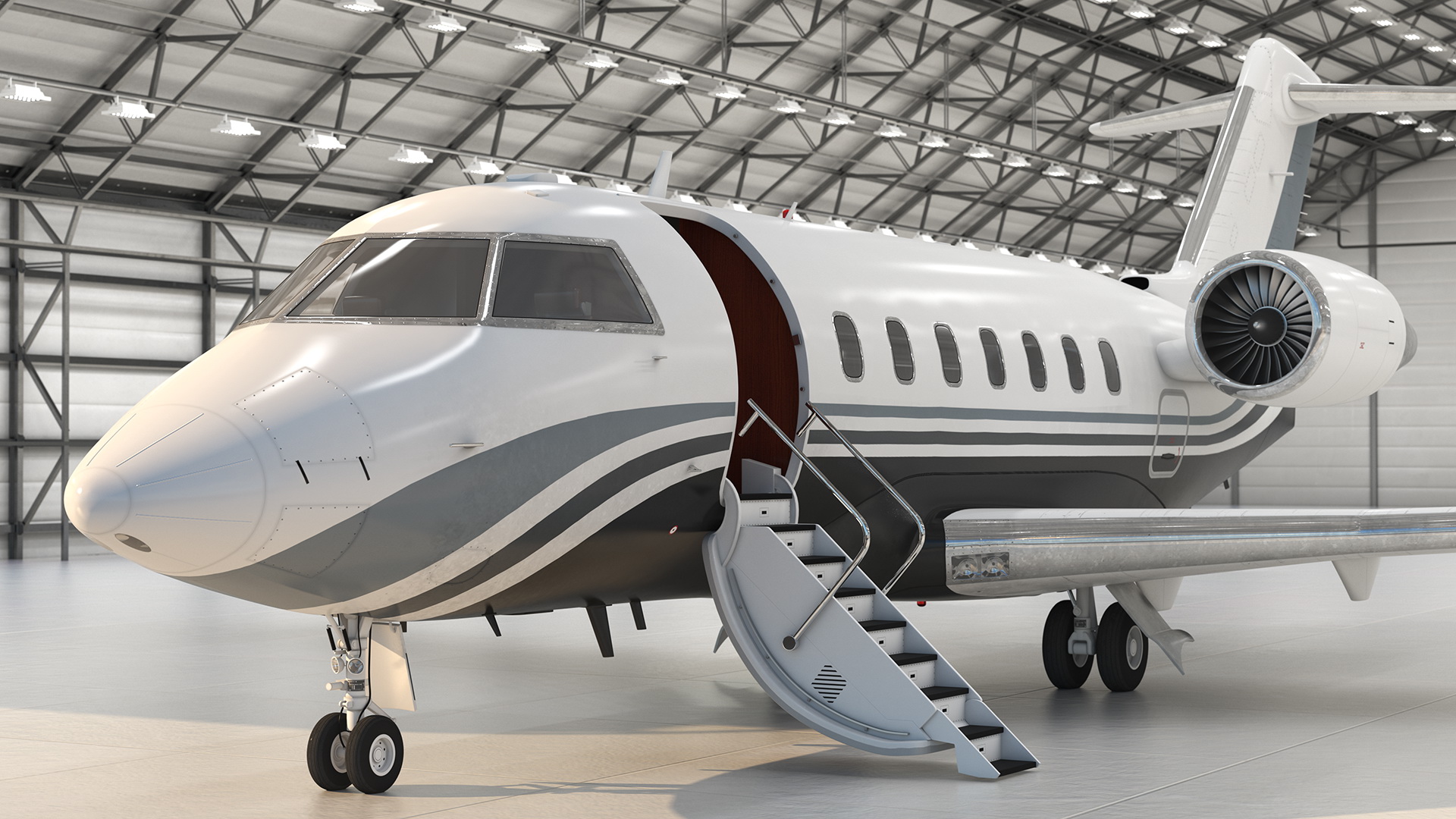 Business Jet Bombardier Challenger 604 In Aircraft Hangar Rigged 3D model
