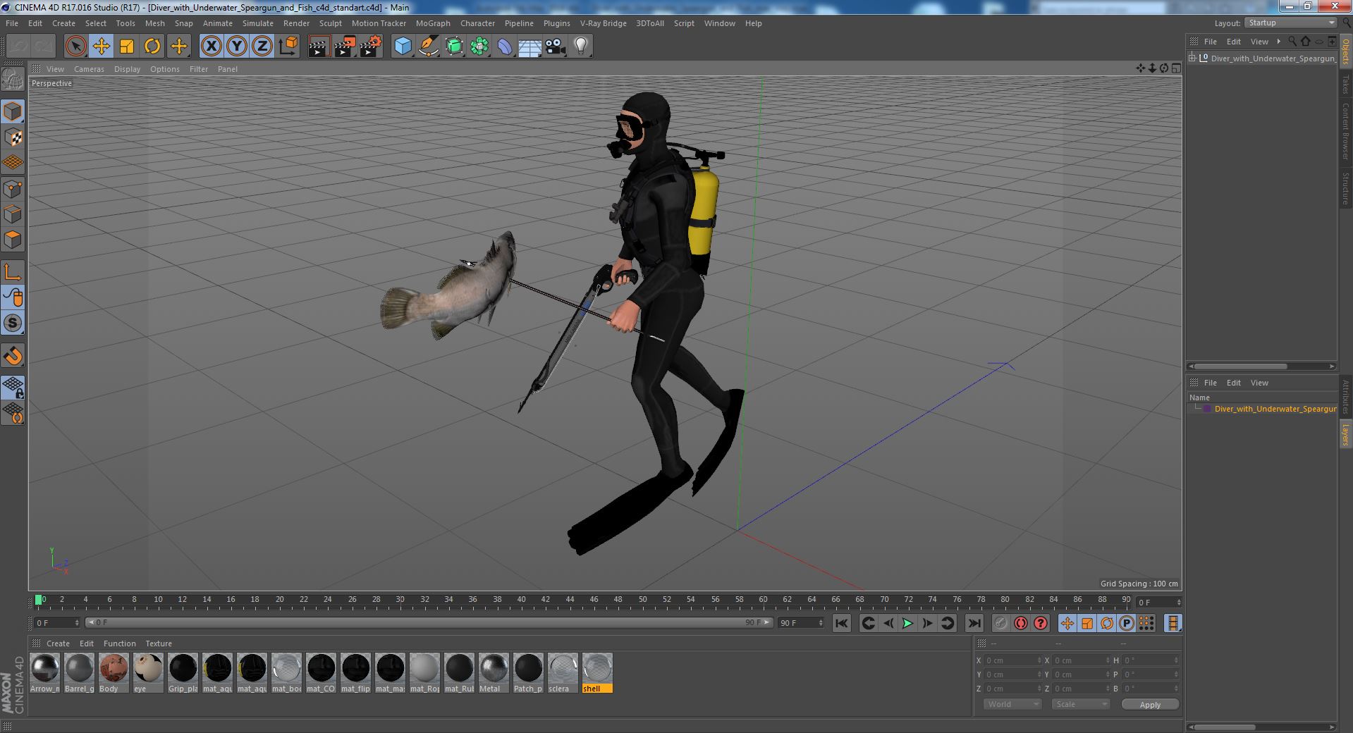 Diver with Underwater Speargun and Fish 3D model